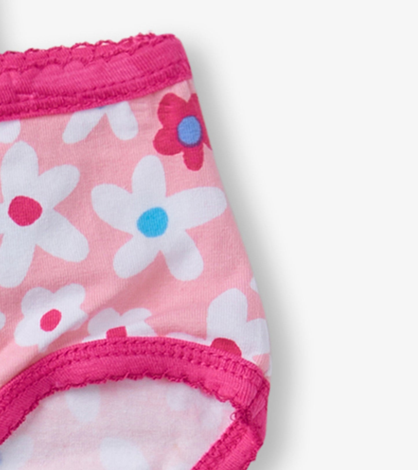 Pink girls' brief underwear featuring a floral pattern with white and blue flowers, and a ruffled pink waistband.