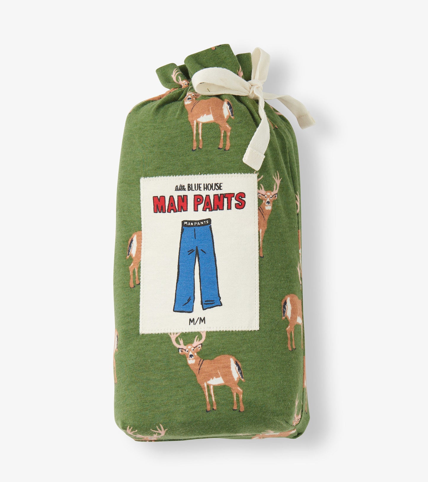 Green bag featuring deer print, tied with a ribbon, displaying a graphic of blue pants labeled "MAN PANTS.