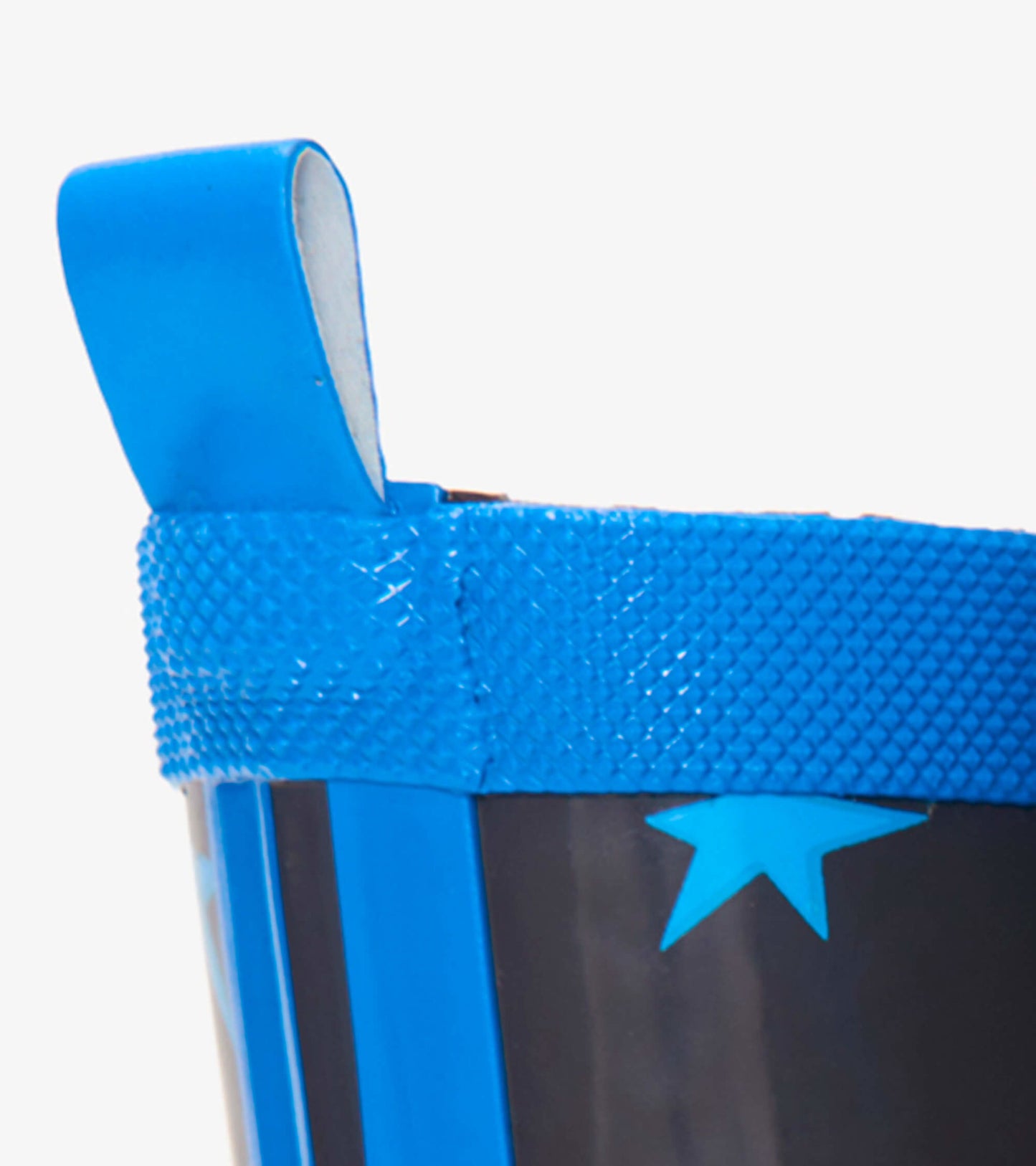 Blue and black shiny kids' rain boots featuring a star pattern and a textured blue top band with a pull tab.