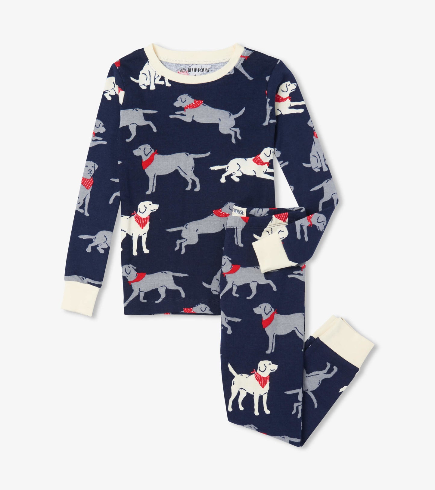 Navy pajama set featuring playful dog prints with red bandanas, made from soft cotton, includes long-sleeve top and pants.