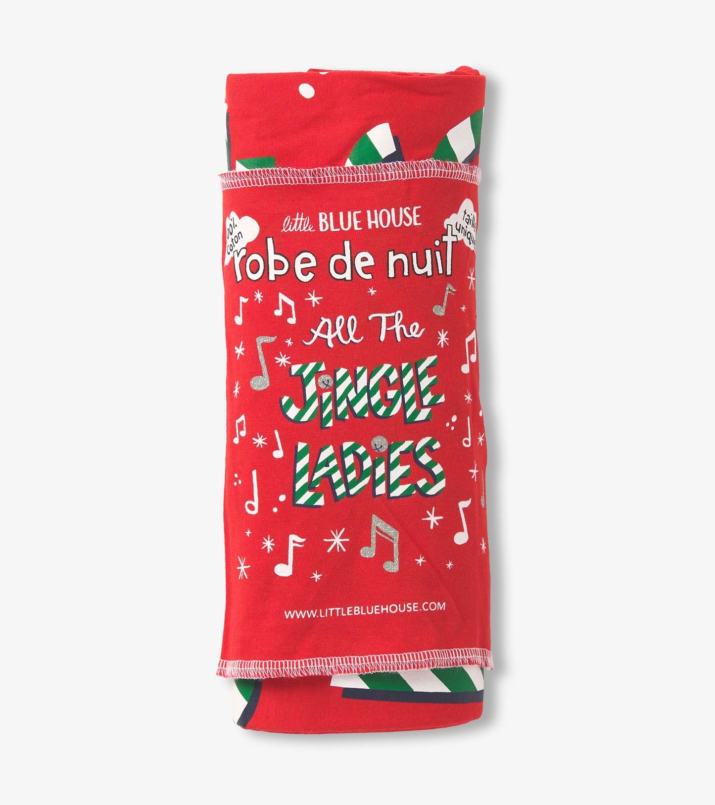 Red sleepshirt featuring "All the Jingle Ladies" text with musical notes and festive patterns, rolled for display.
