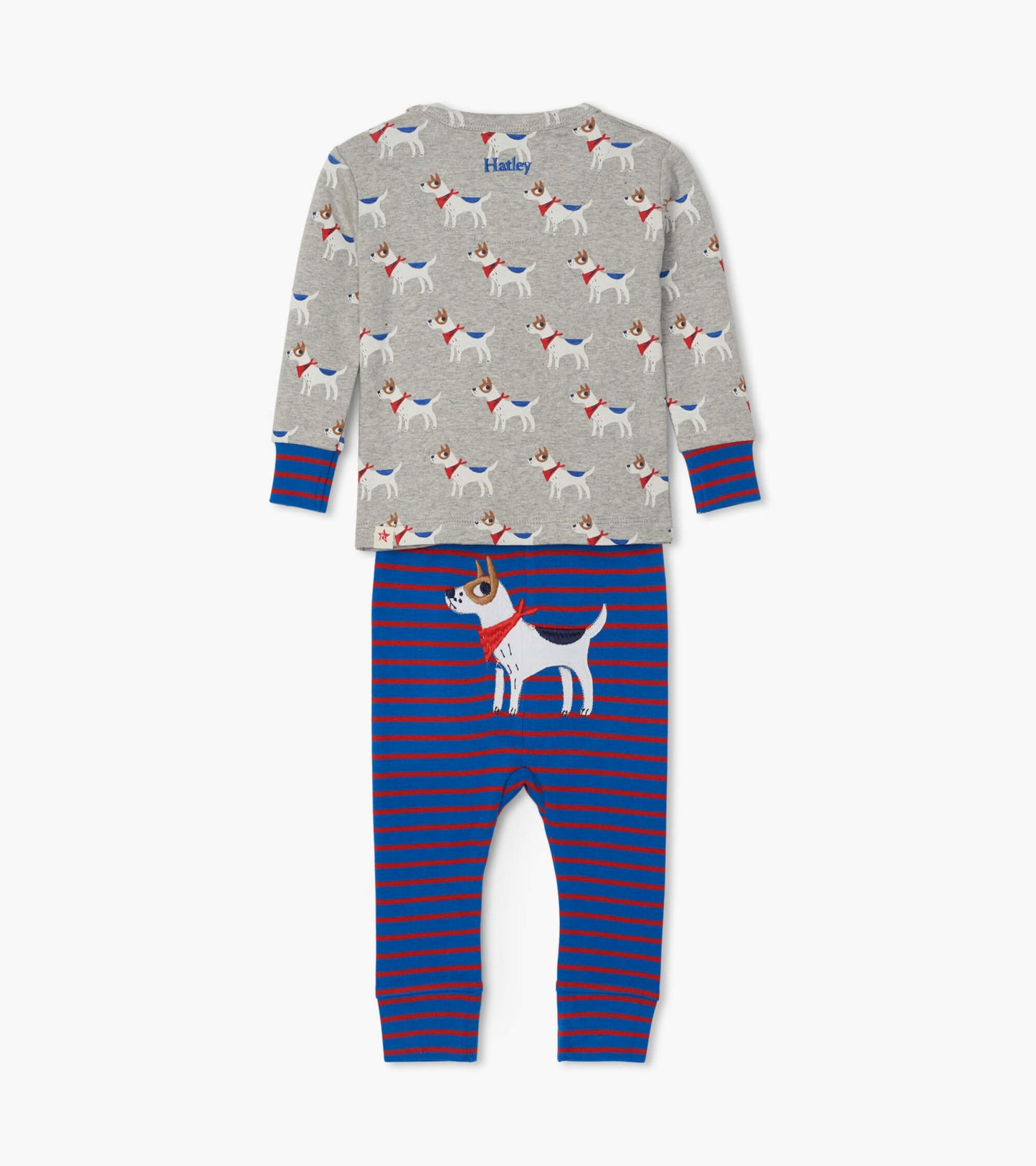 Gray long-sleeve top with dog print and red accents, paired with blue and red striped pants featuring a dog graphic.