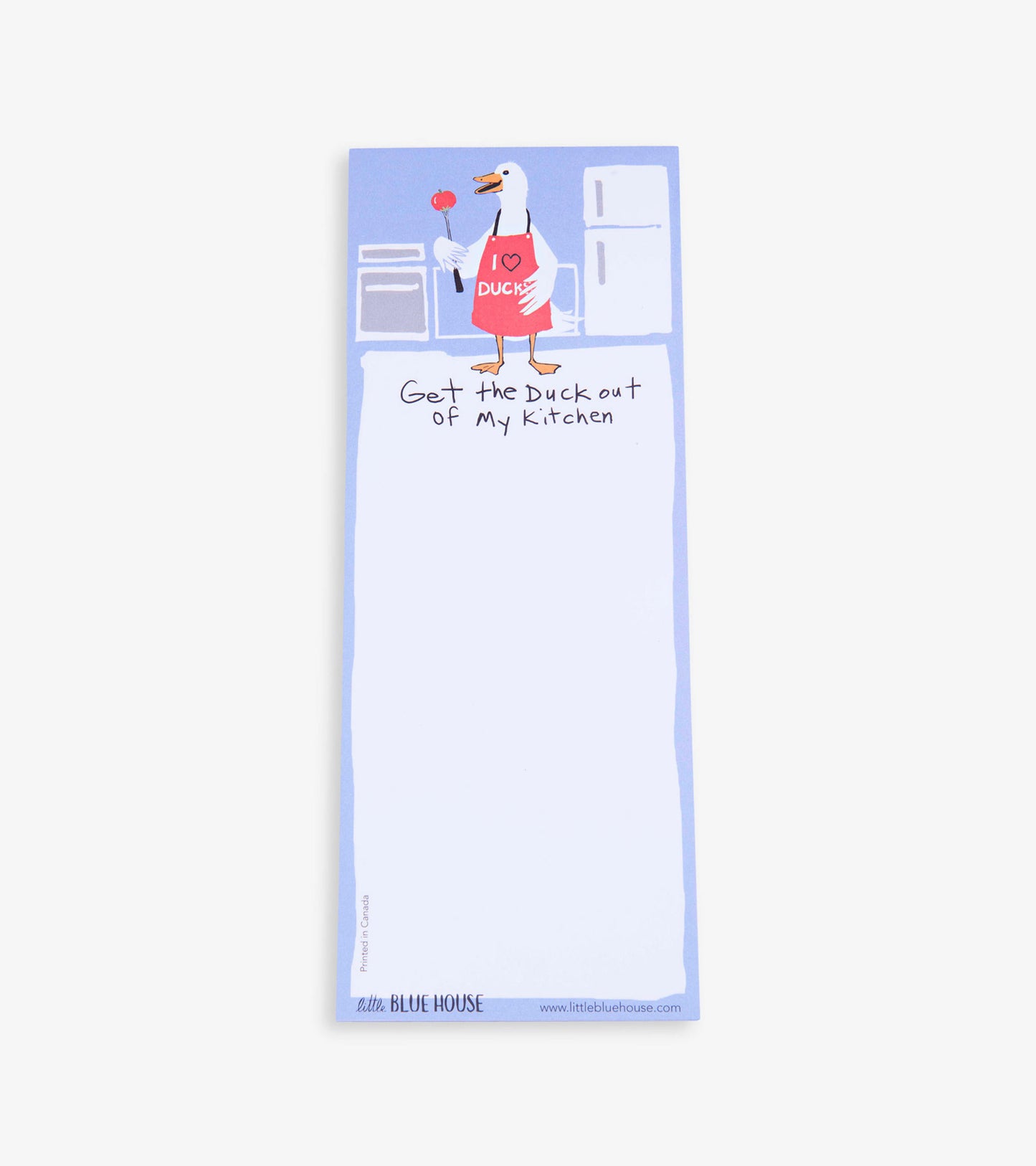 Magnetic notepad featuring a cartoon duck in an apron with a kitchen background and a blank space for notes.