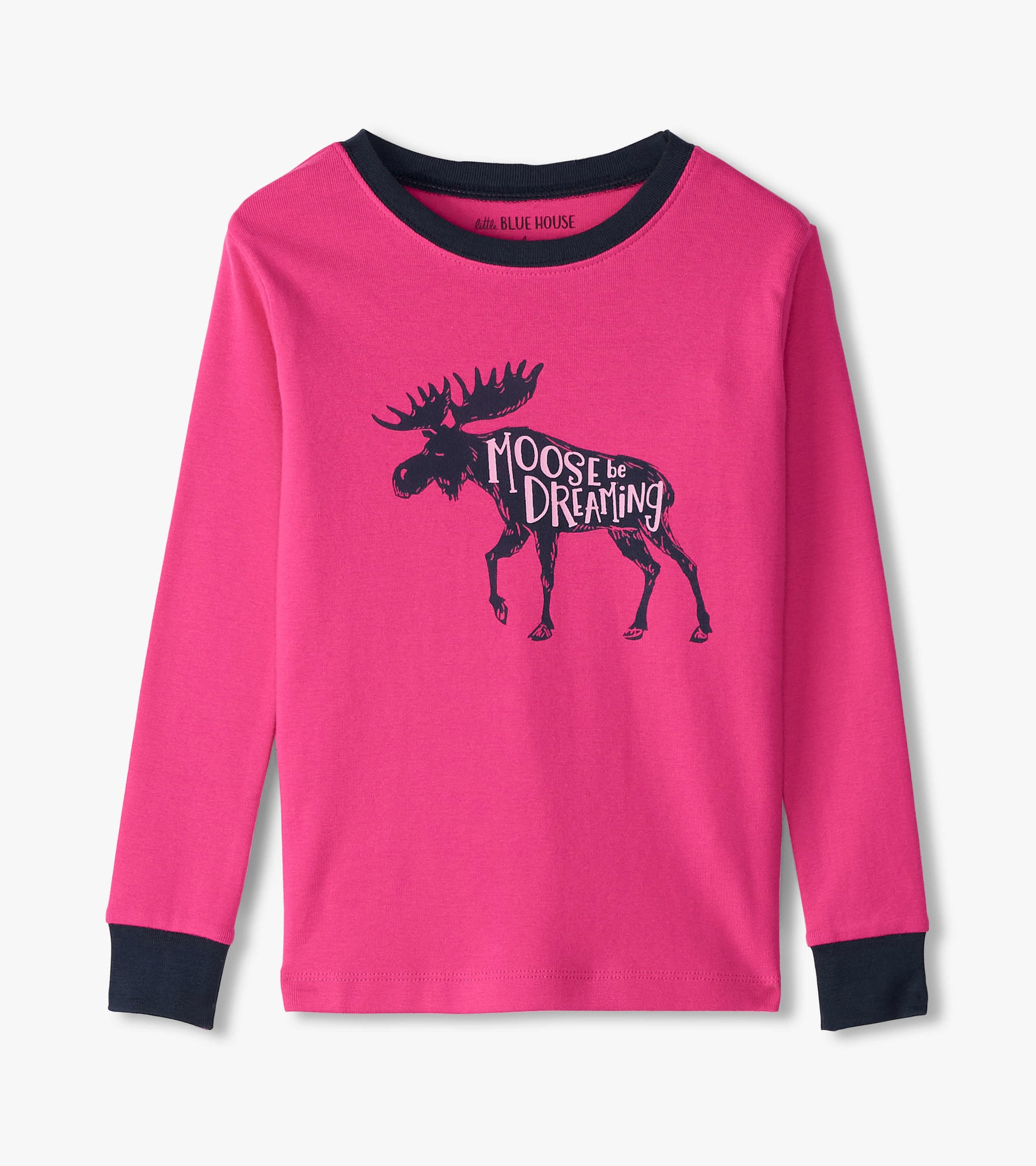 Pink long-sleeve kids' pajama top featuring a moose graphic and "Moose be Dreaming" text, with navy blue cuffs.