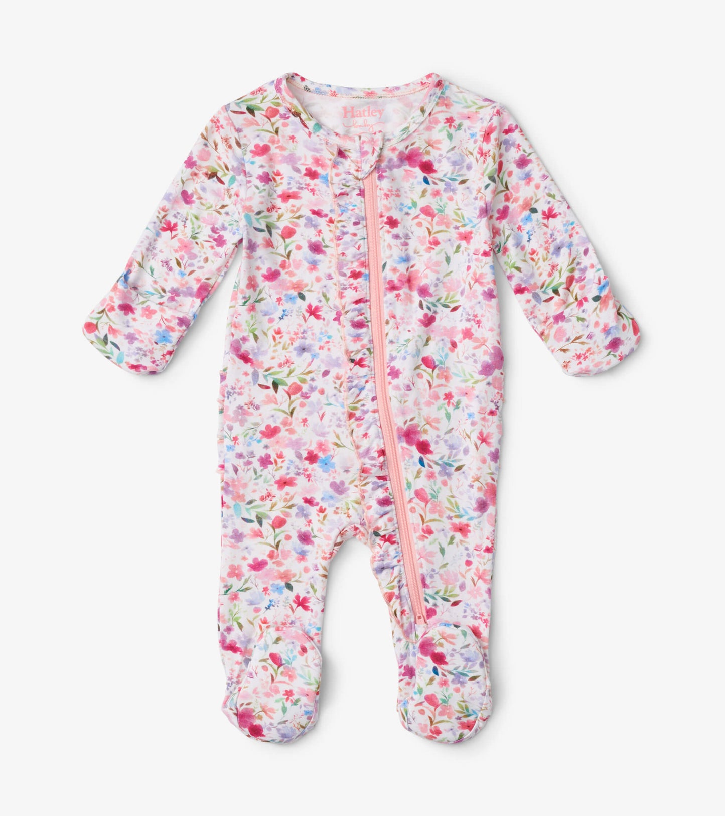 Floral-patterned footed sleeper in pink, featuring a front zipper and ruffle detailing, suitable for babies.