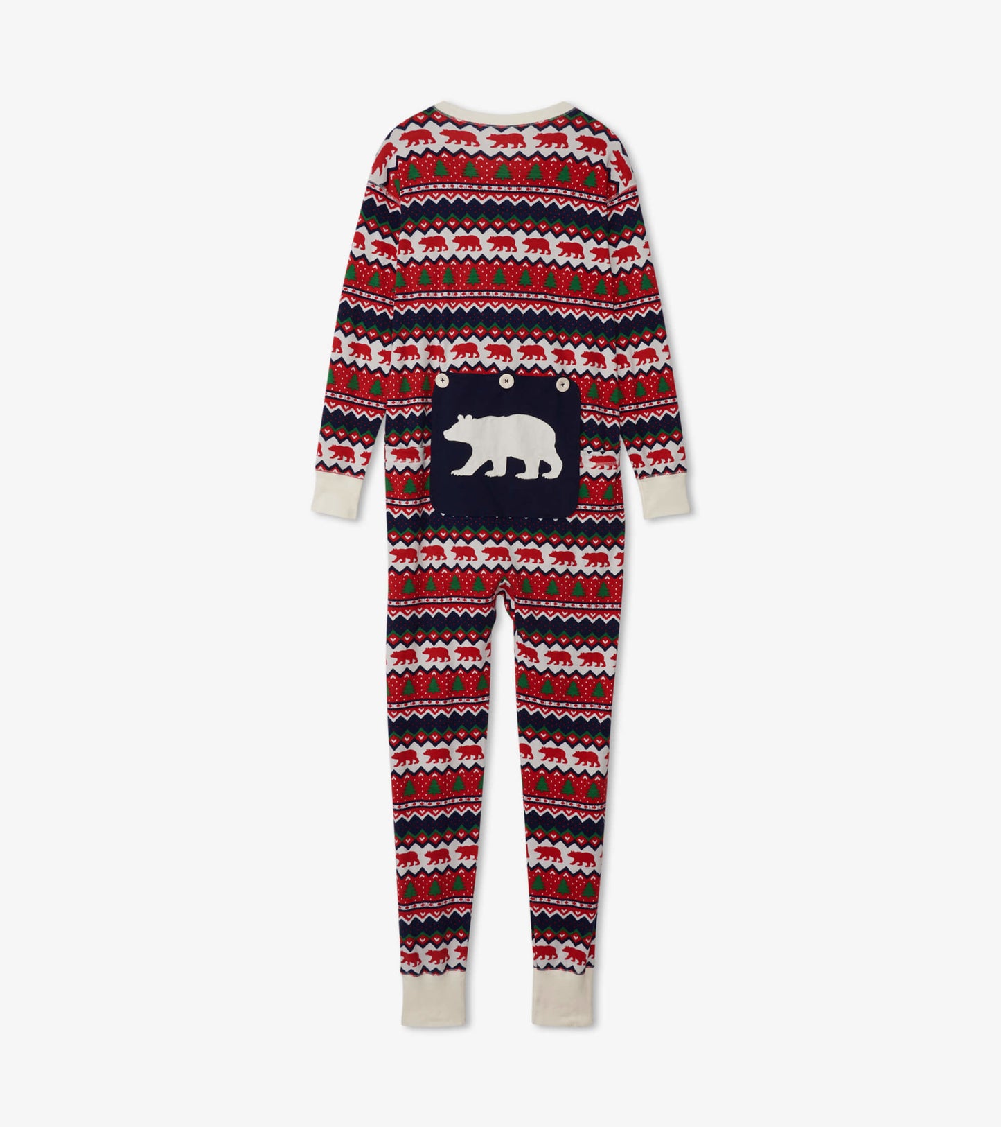 Red and navy Fair Isle patterned onesie with bear design on the back, featuring long sleeves and a relaxed fit.