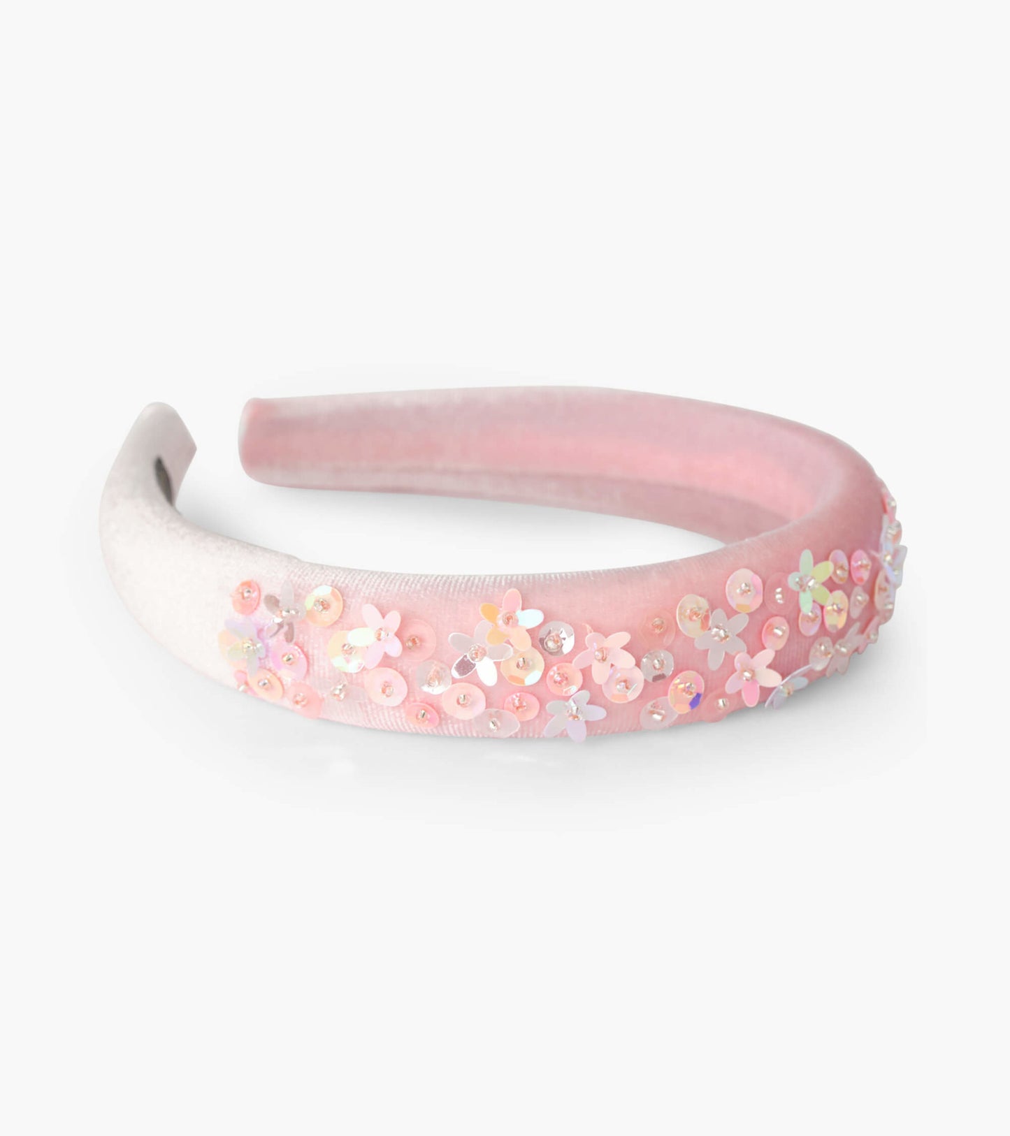 Pink velvet puff headband adorned with floral sequins and beads, perfect for adding a playful touch to hairstyles.