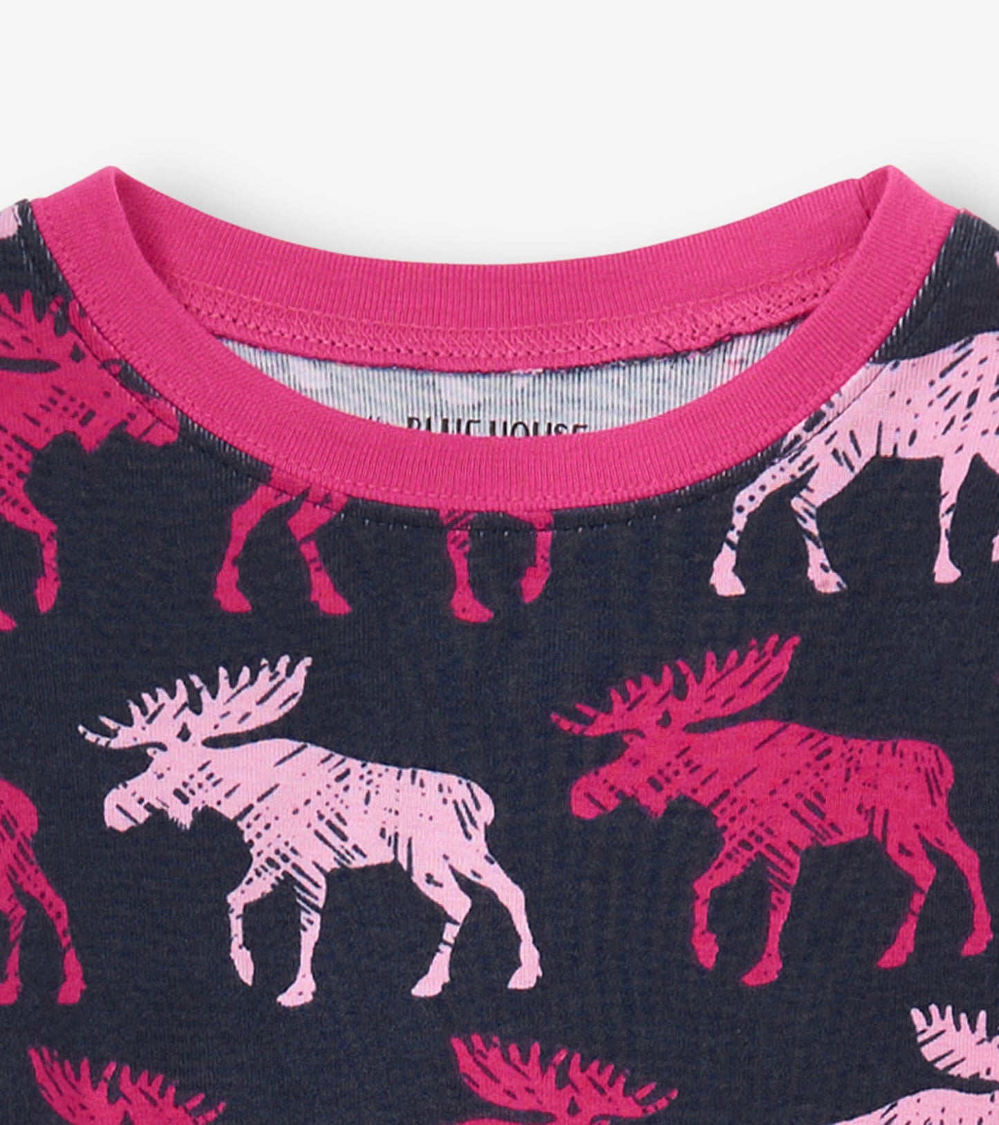 Navy pajama top featuring a playful moose pattern in pink, with a pink crew neckline.