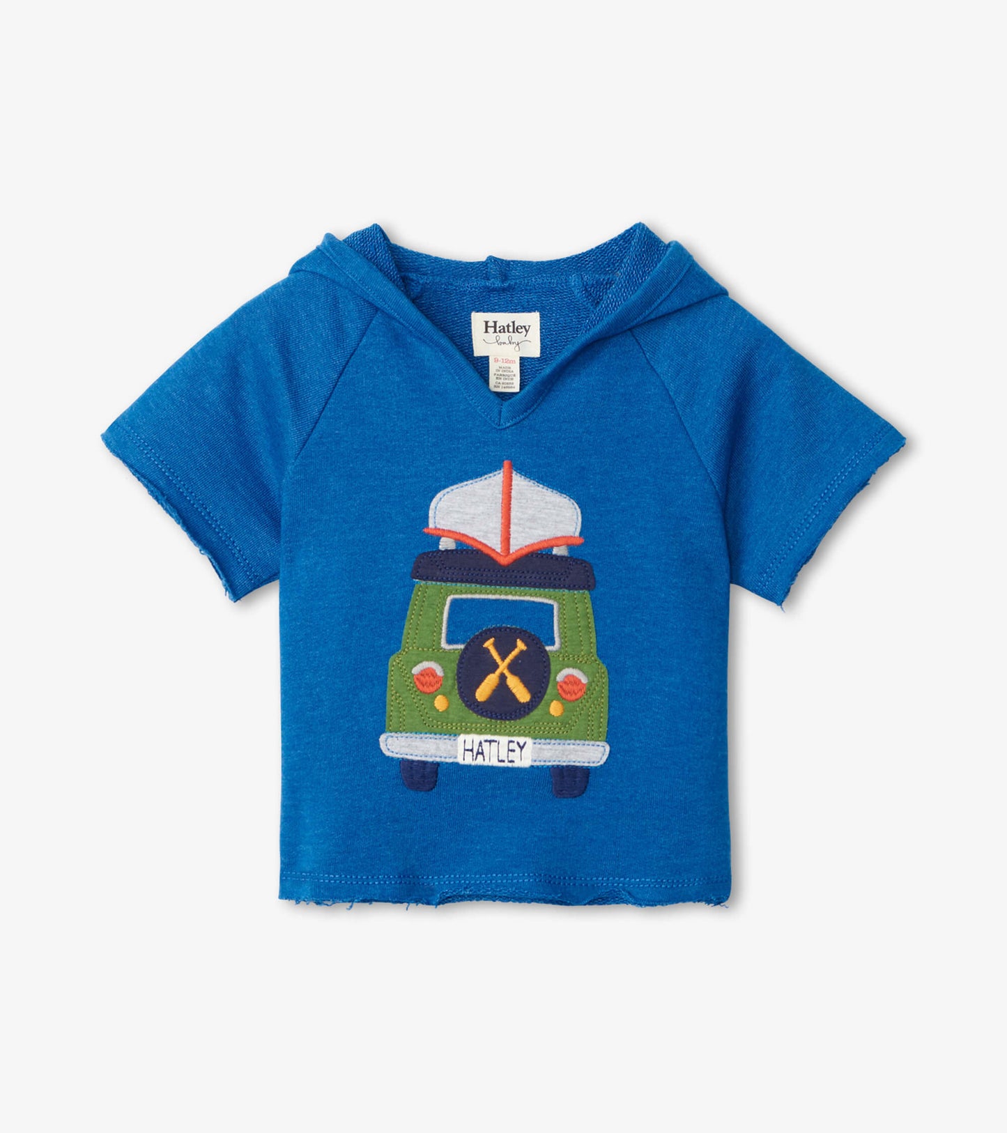 Blue melange short sleeve pullover hoodie featuring a colorful car and surfboard design on the front.