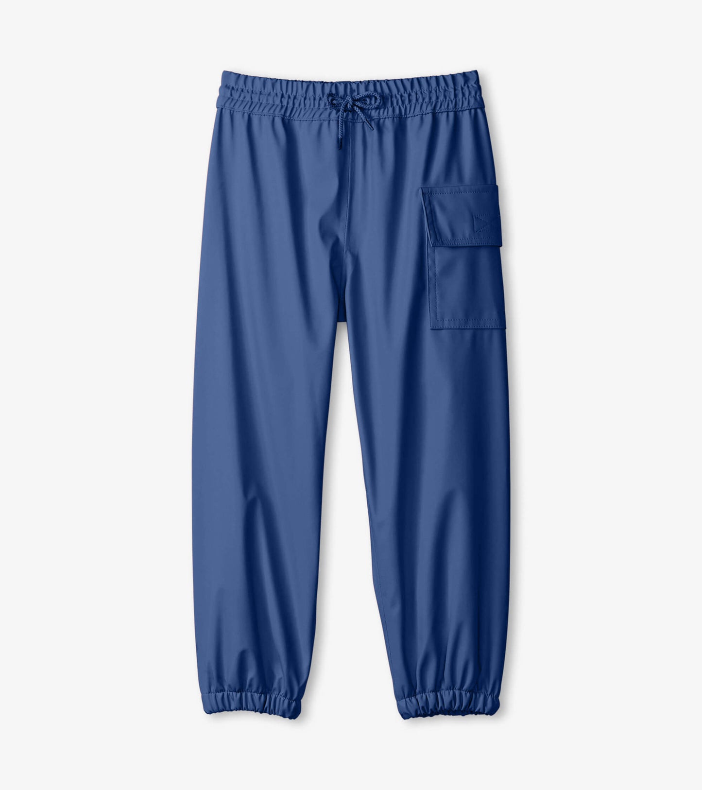 Navy blue kids' rain pants with an elastic waistband and side pocket, made from waterproof material.