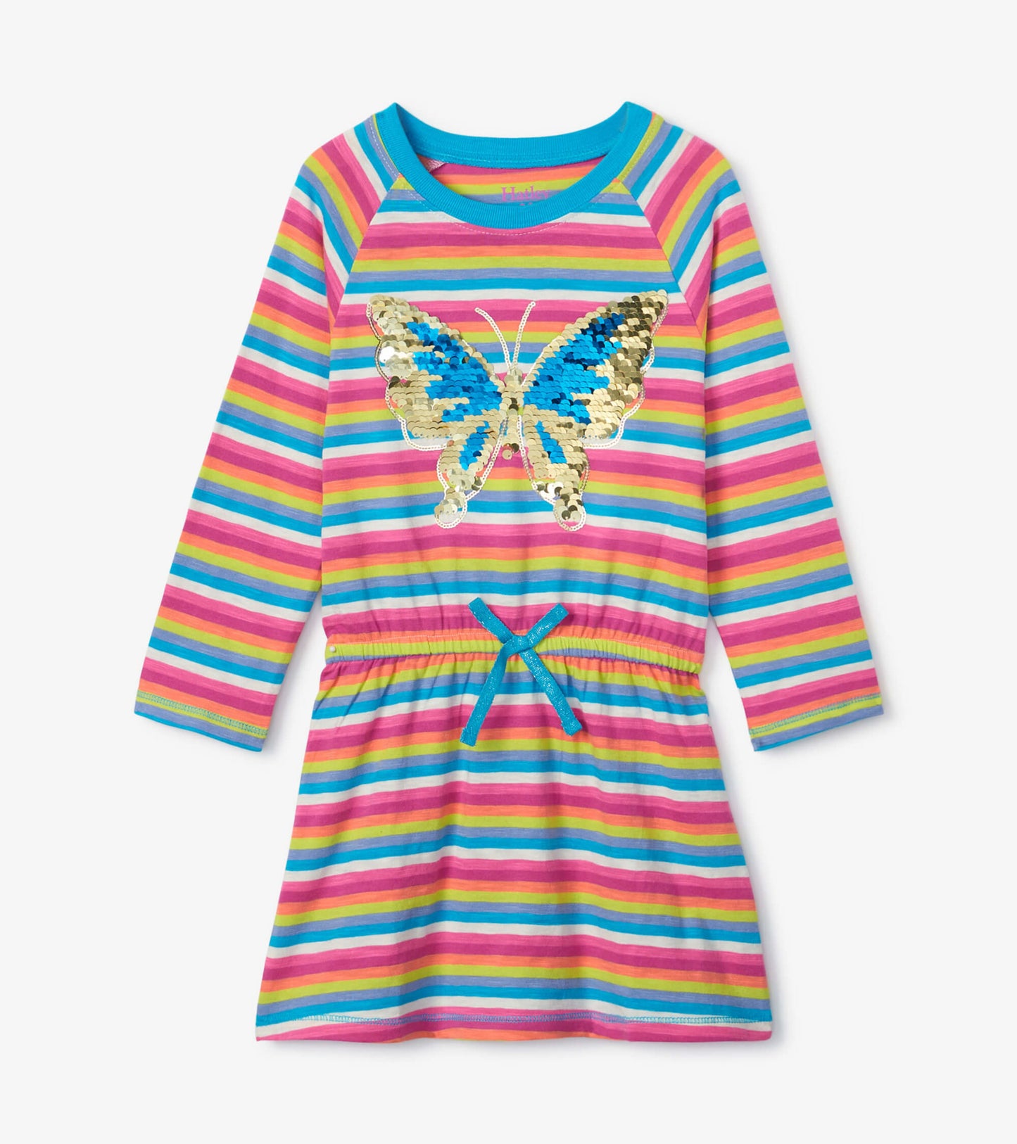Colorful striped dress featuring a butterfly design with sequins, drop waist, and long sleeves.