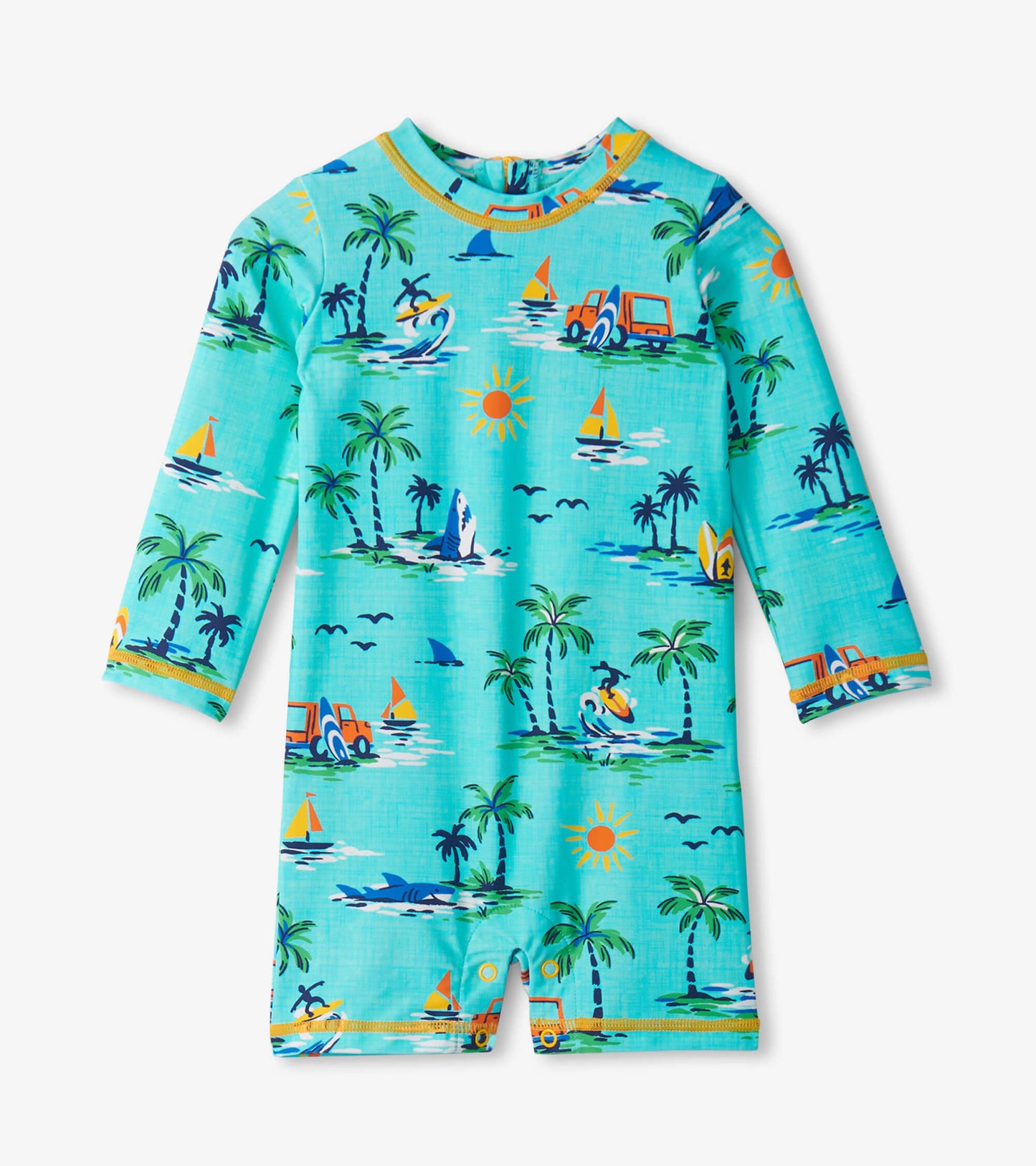 Turquoise one-piece rashguard featuring a beach scene with palm trees, boats, and sun, designed for baby boys.
