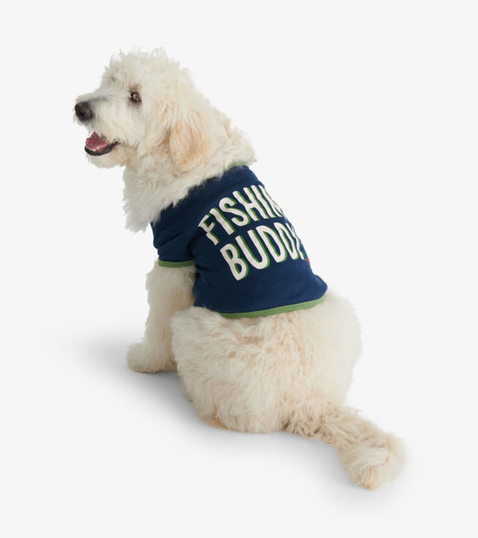 Navy dog tee with "FISHING BUDDY" text, featuring green trim, worn by a fluffy dog sitting sideways.