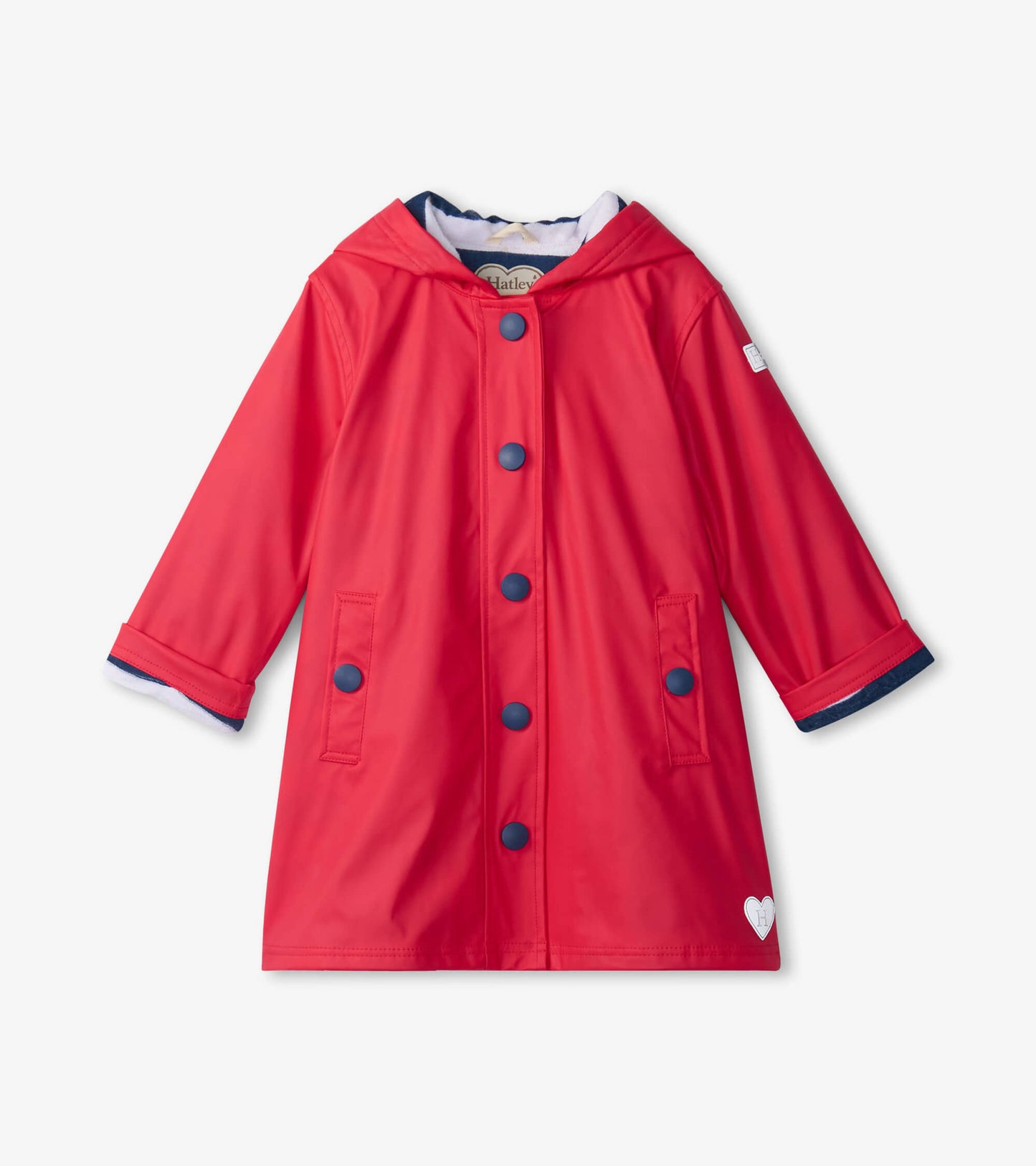 Red rain jacket with navy accents, button-up front, hood, and two side pockets. Suitable for kids.