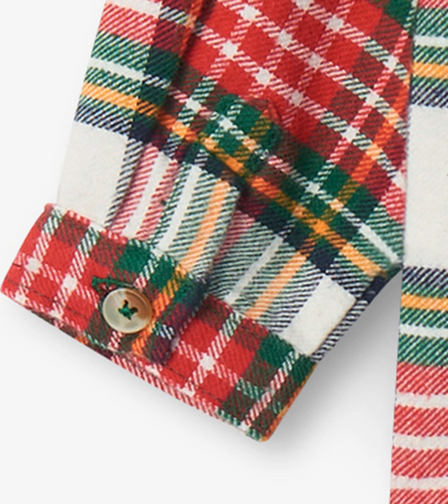 Red, green, and yellow plaid button-down shirt for babies, featuring a collar and buttoned cuff detail.