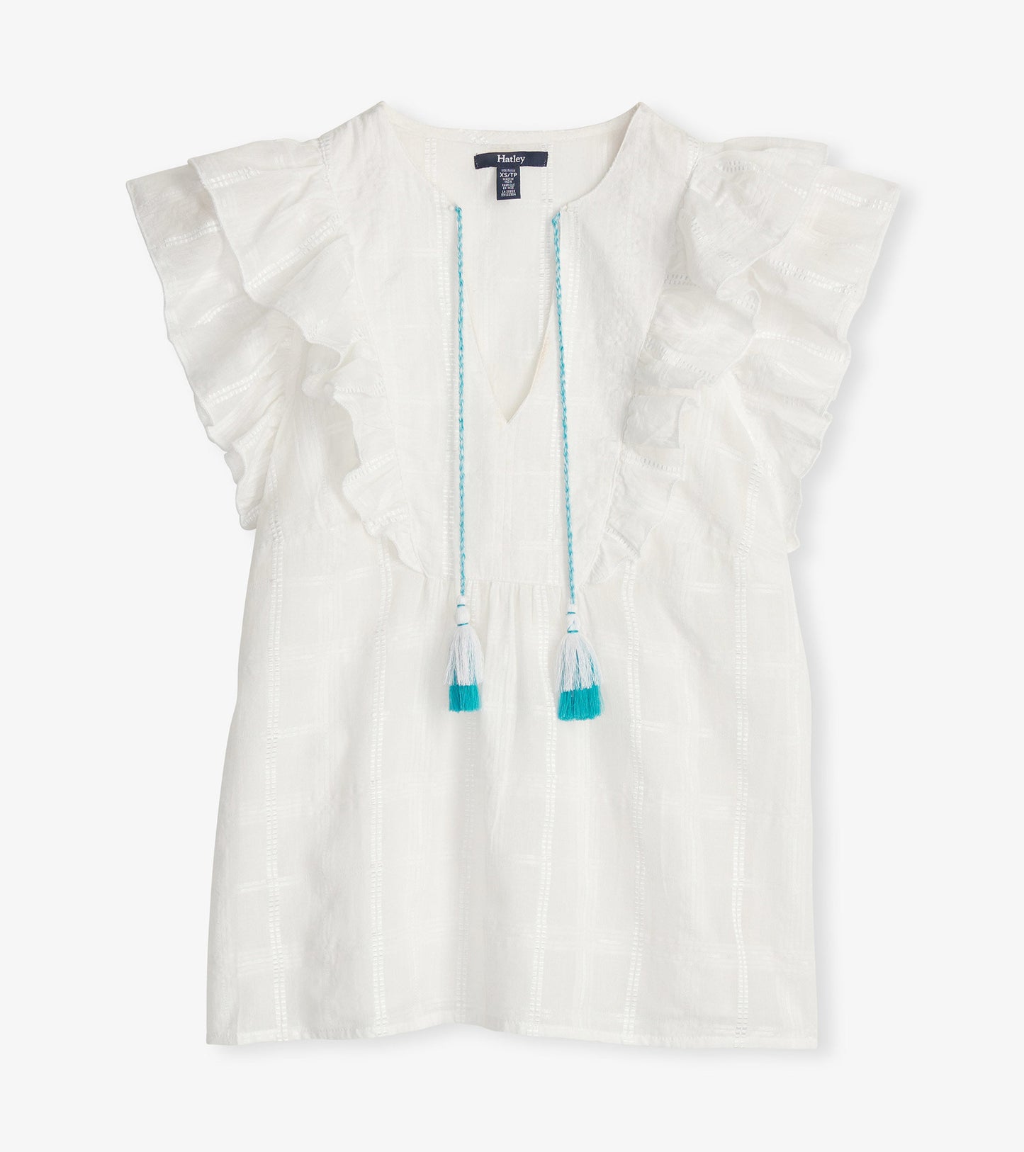 White blouse with ruffled sleeves, V-neck, and blue tassel ties, featuring a subtle plaid pattern.