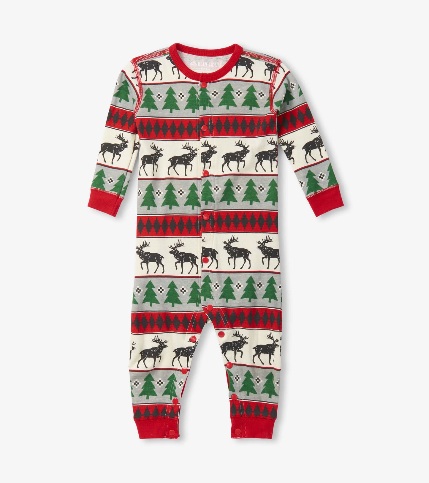 Fair Isle union suit featuring a festive pattern of moose, trees, and diamonds in red, green, and cream colors.
