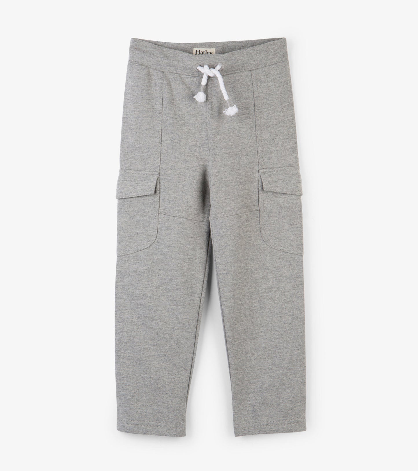Grey cargo joggers with side pockets and elastic waistband, featuring a drawstring for adjustable fit.