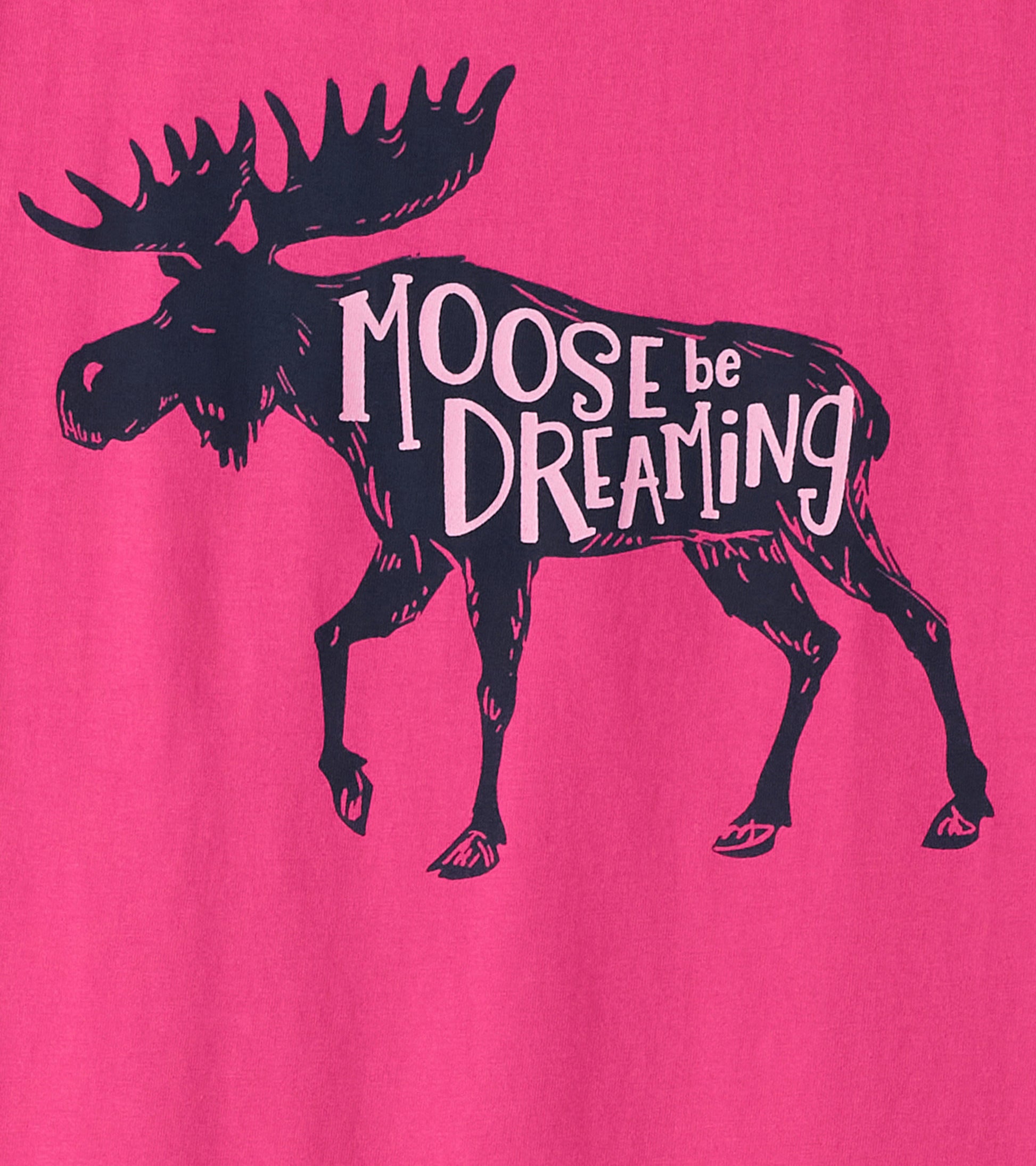 Pink pajama t-shirt featuring a moose graphic with the text "Moose be Dreaming" in black.