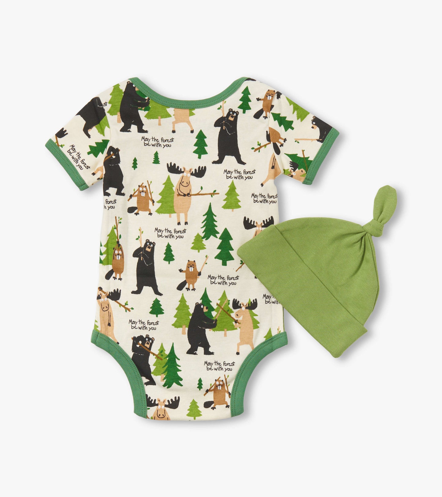 Cream baby bodysuit with forest animal print and green trim, paired with a matching green knotted hat.