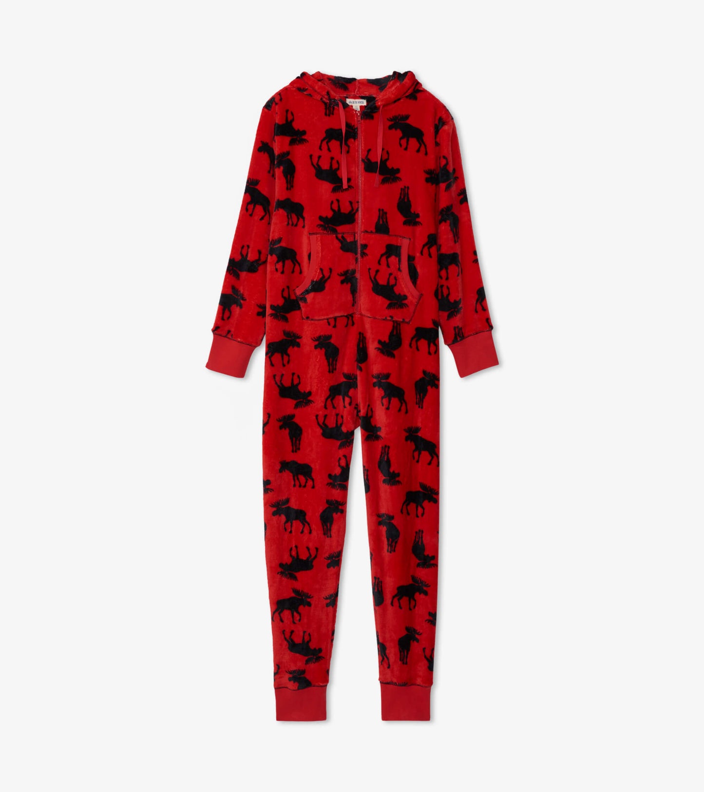 Red hooded fleece jumpsuit featuring black moose silhouettes, designed for adults with a cozy fit.