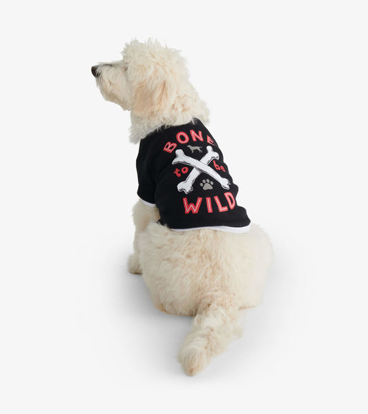 Black dog tee featuring a playful "Bone to be Wild" graphic with crossed bones, shown on a dog from the side.