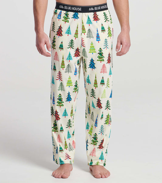 Men's pajama pants in cream cotton featuring a colorful Christmas tree pattern, with an elastic waistband.