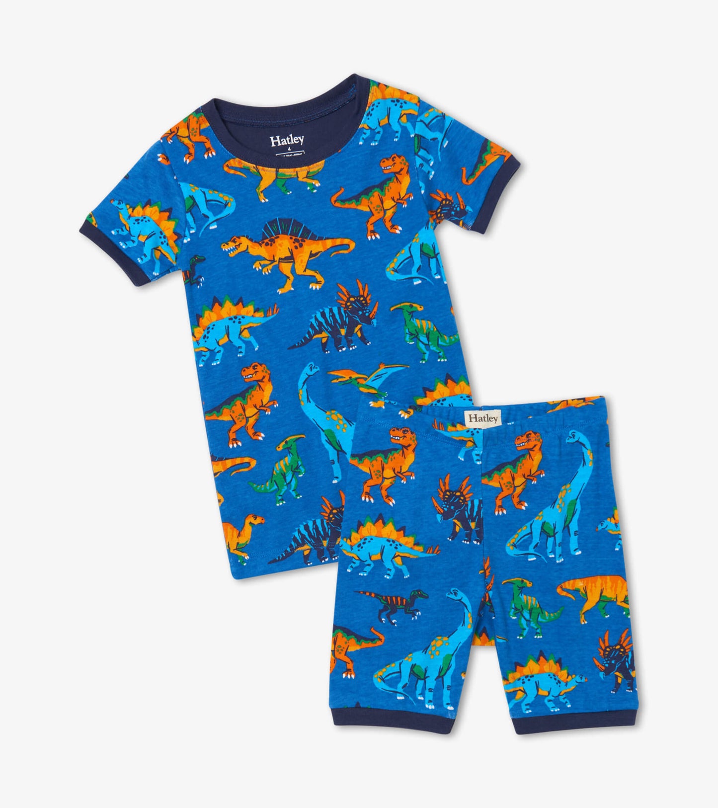 Blue organic cotton short pajama set featuring colorful dinosaur prints, including a short-sleeve top and matching shorts.