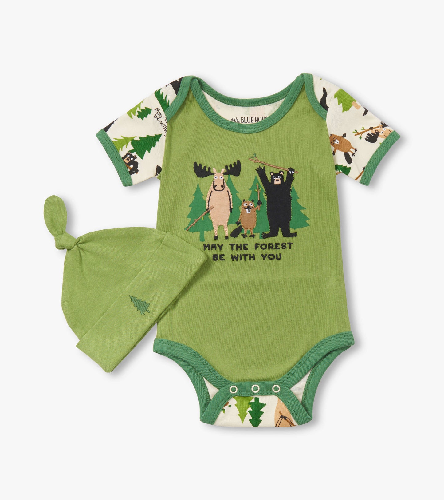 Green baby bodysuit with animal graphics and matching hat, featuring short sleeves and snap closures at the bottom.