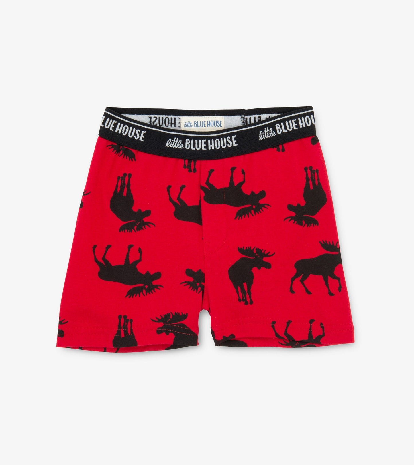 Red boxer briefs featuring a playful moose pattern in black, with an elastic waistband for comfort.