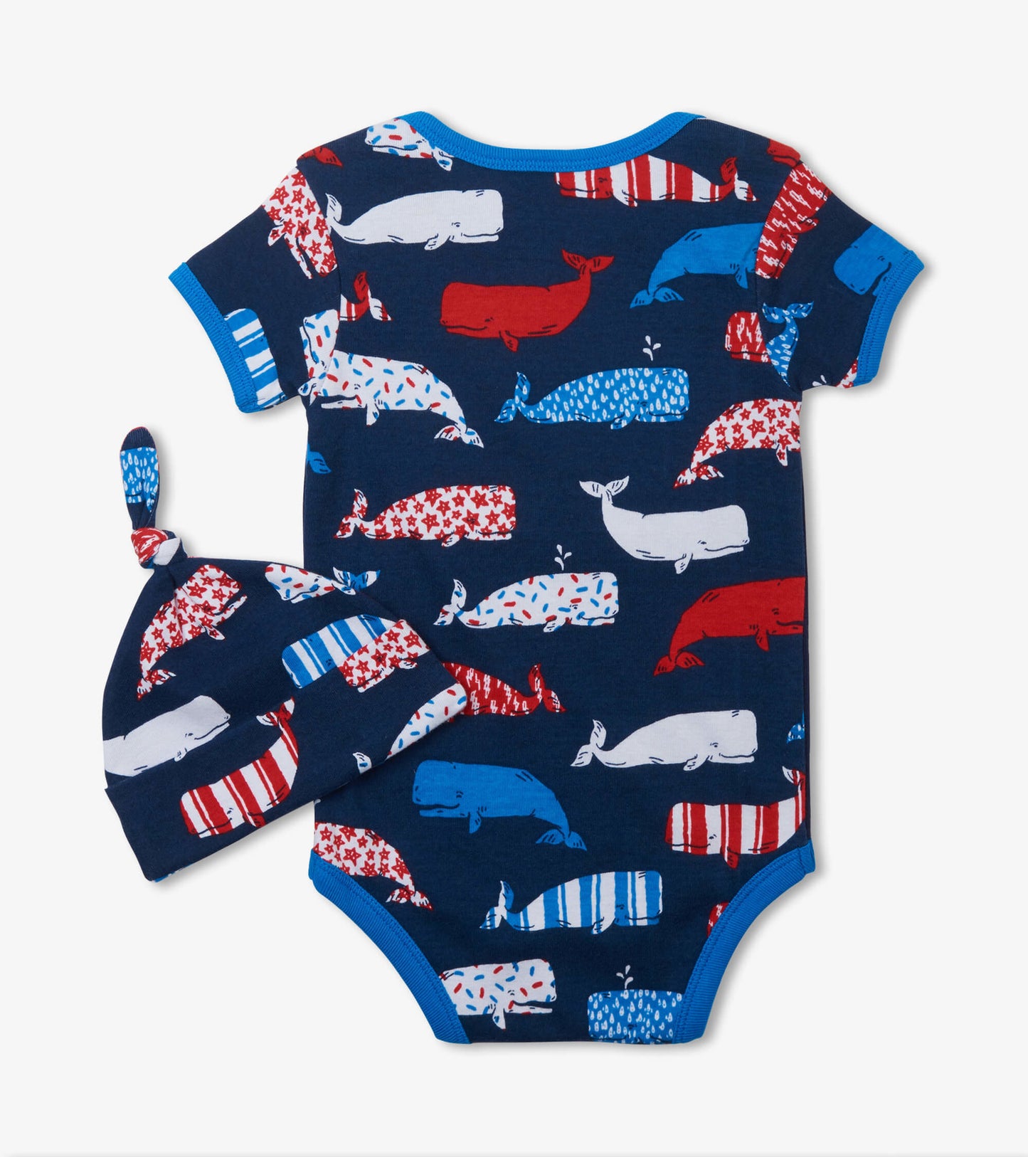 Blue bodysuit featuring colorful whale patterns, paired with a matching hat, suitable for infants.