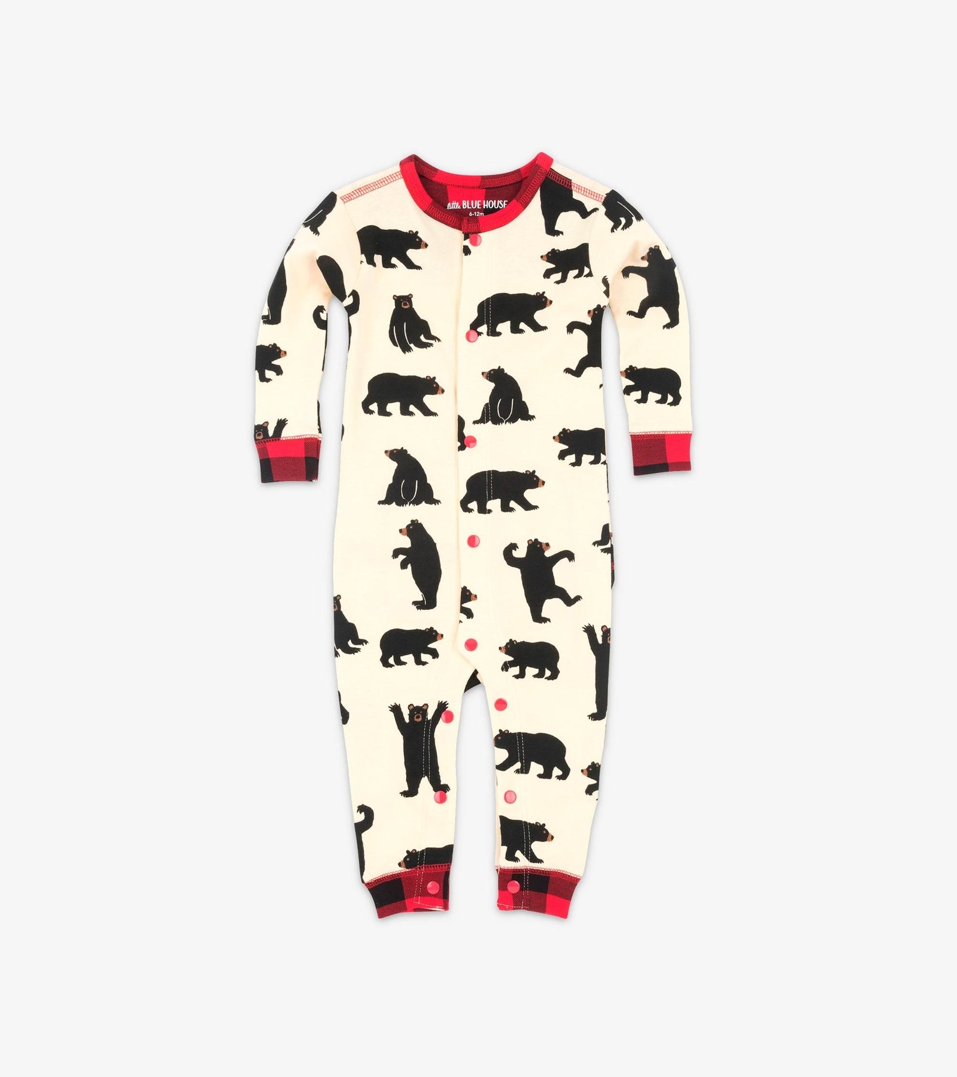 Cream-colored union suit featuring black bear patterns, red accents, and snap closures, suitable for infants.