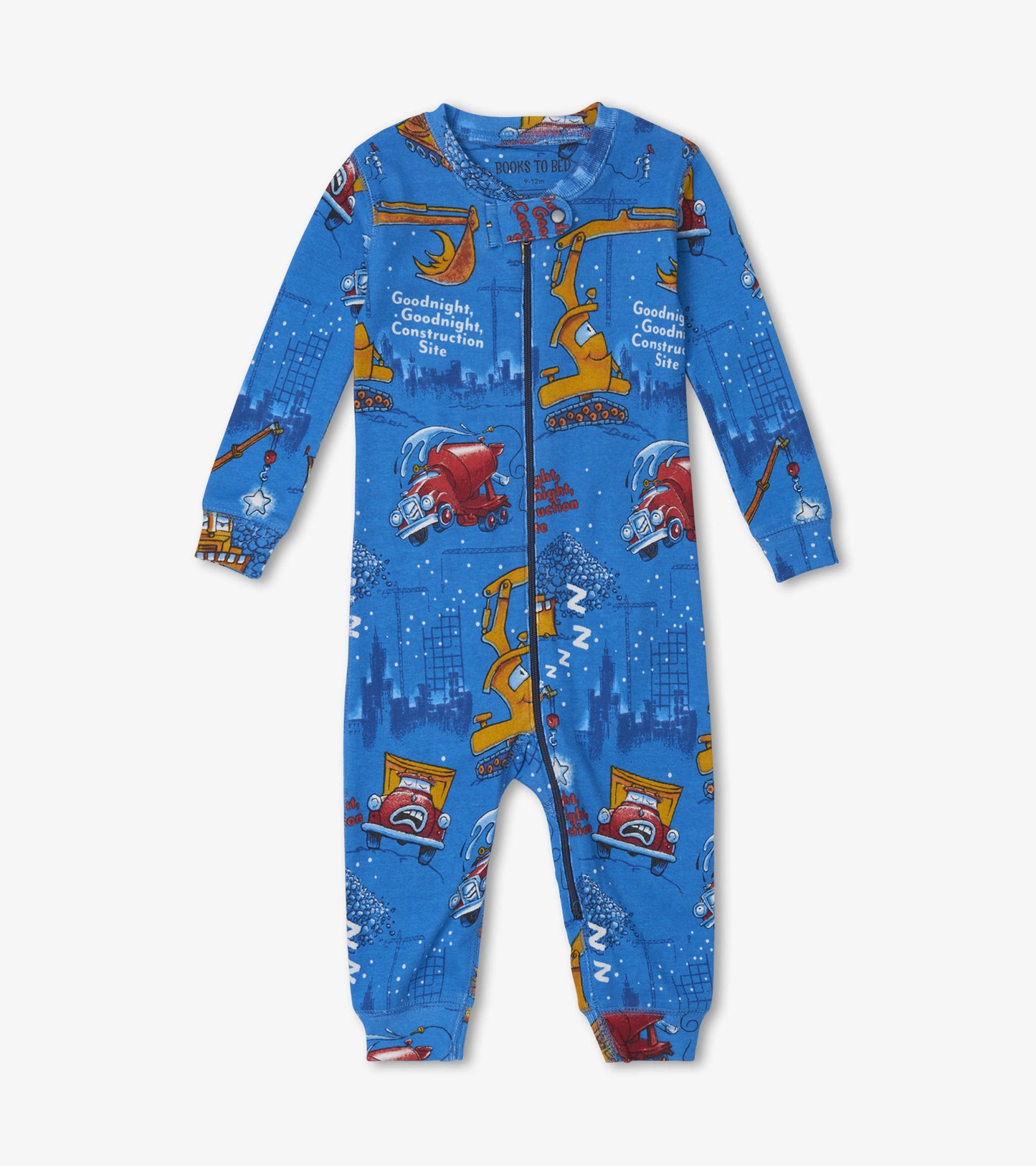 Blue infant coverall featuring construction-themed graphics, including trucks and cranes, with a front zipper closure.
