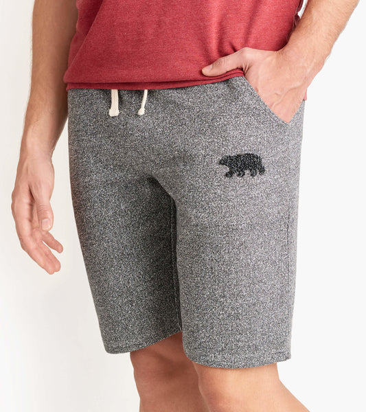 Marled grey men's shorts with a bear graphic, featuring an elastic waistband and side pockets.