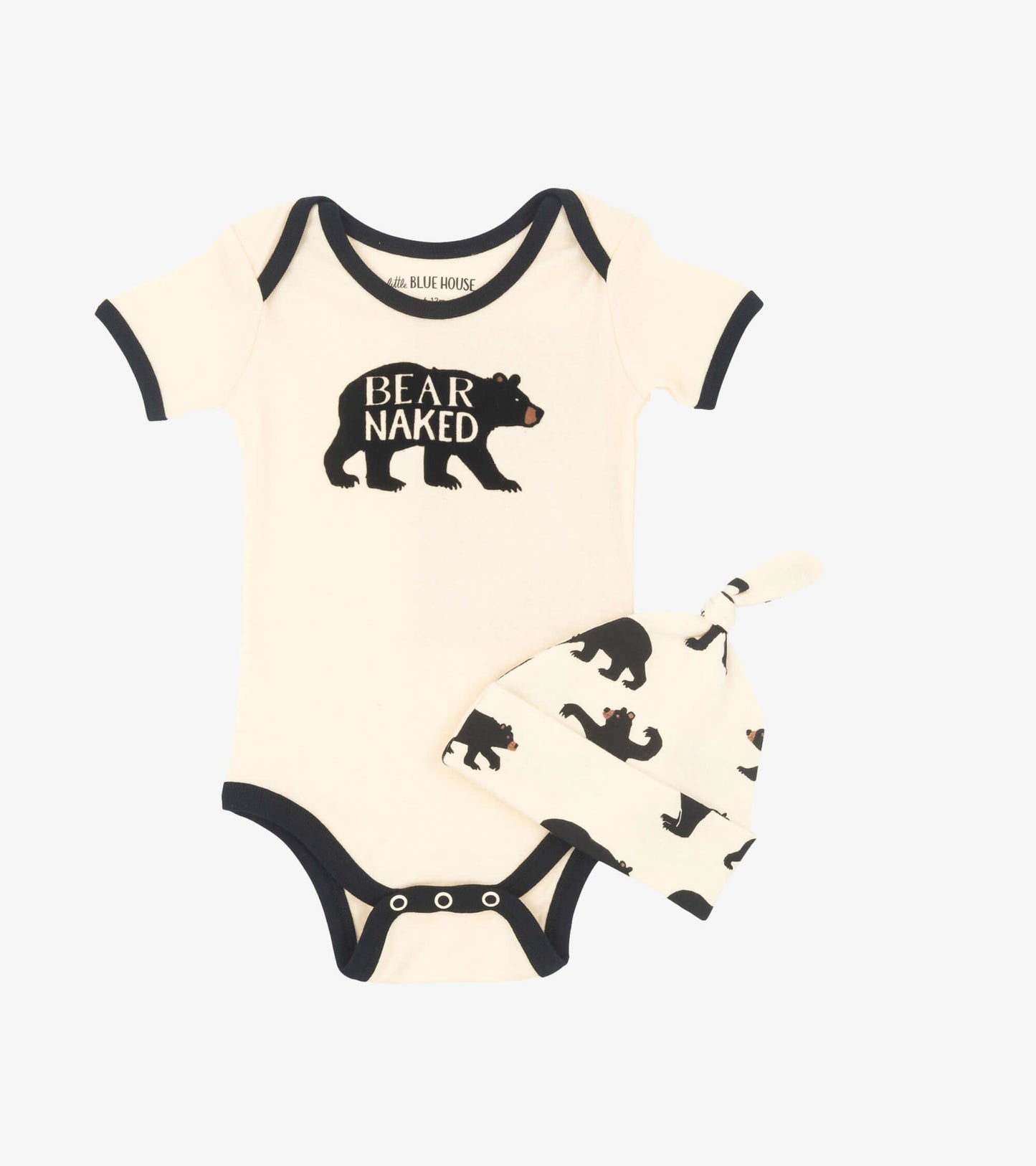 Cream baby bodysuit with black bear graphic and matching hat featuring bear patterns, suitable for infants.
