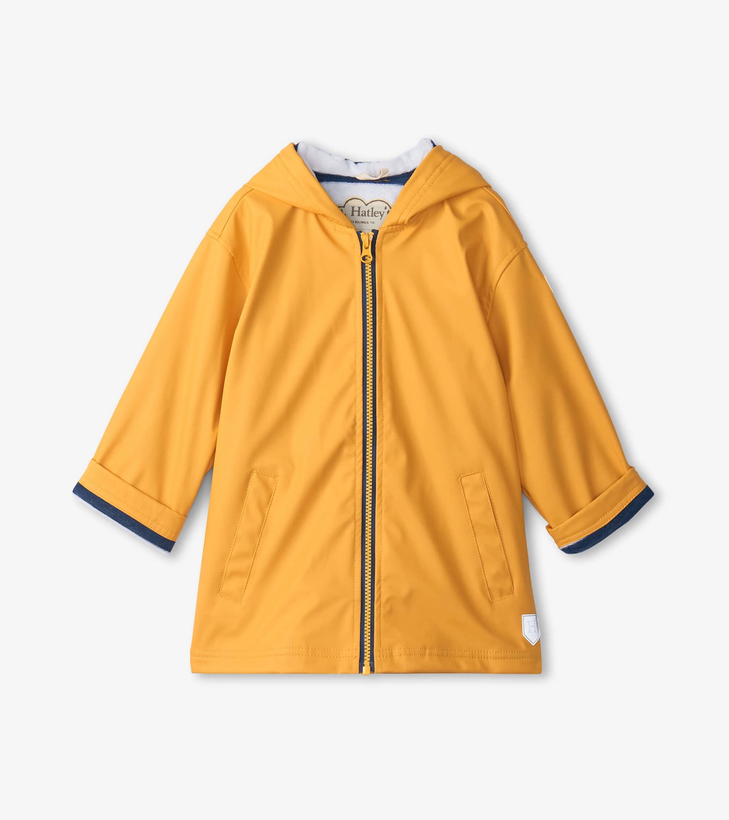Yellow zip-up rain jacket for kids with a hood and navy trim, featuring two front pockets.