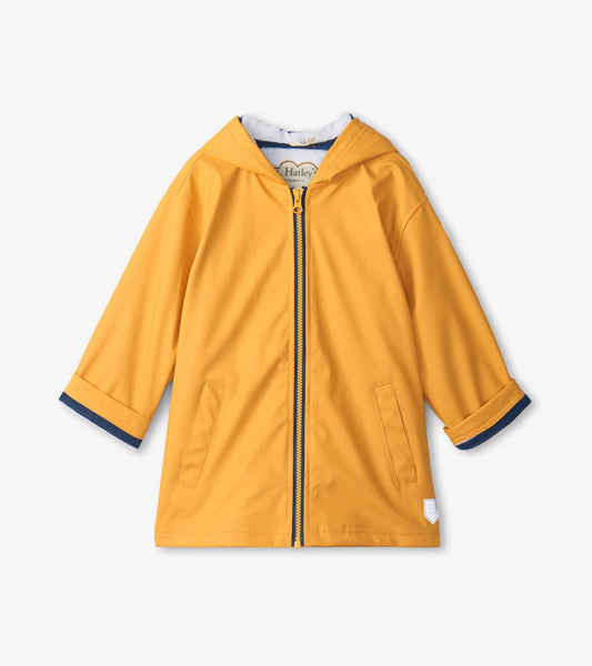 Yellow zip-up rain jacket for kids with a hood and navy trim, featuring two front pockets.