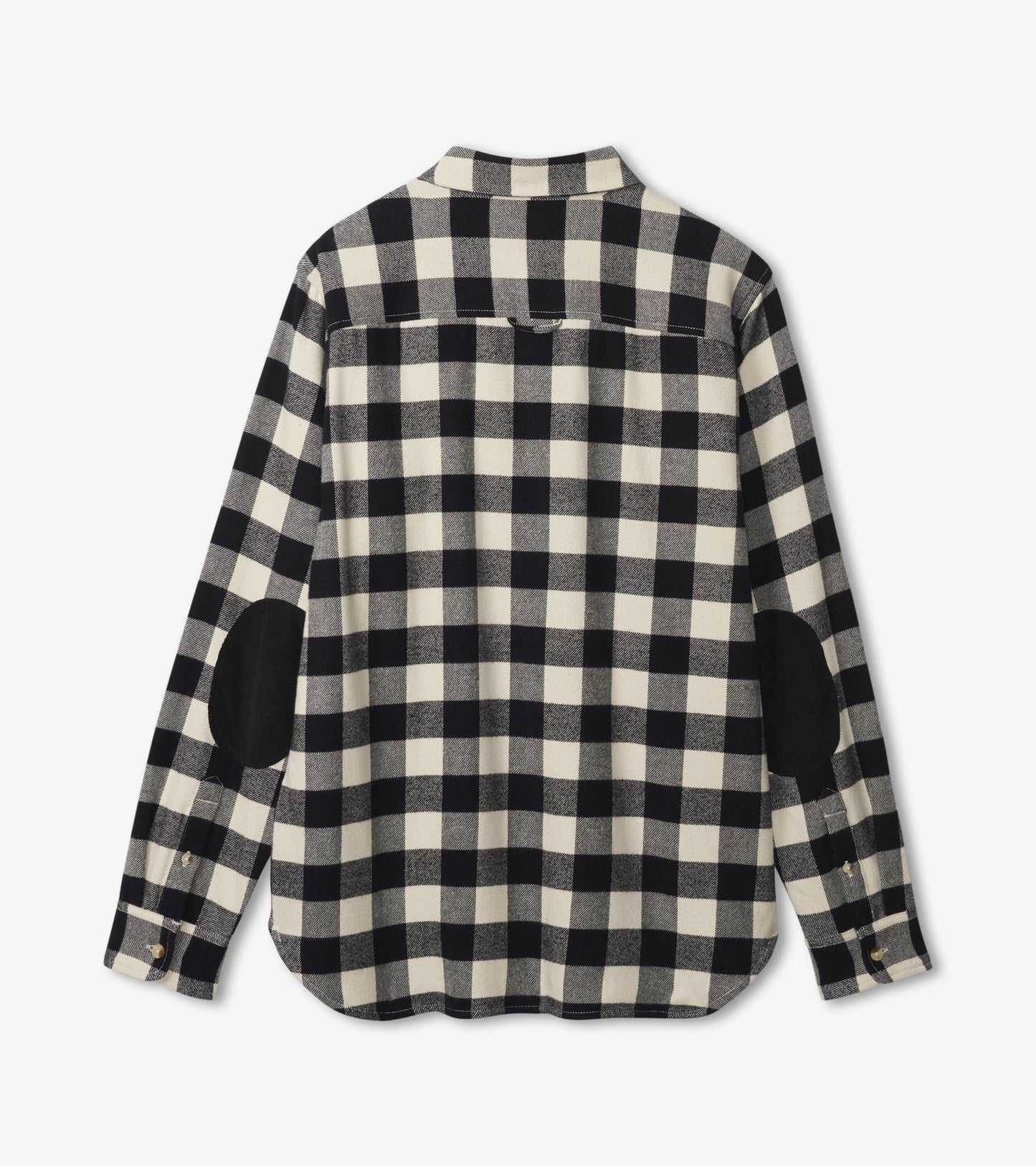 Black and cream plaid flannel shirt with long sleeves and elbow patches, shown from the back.