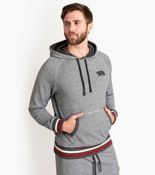 Marled grey pullover hoodie with bear graphic, drawstring hood, and striped cuffs and hem. Front view with pockets.