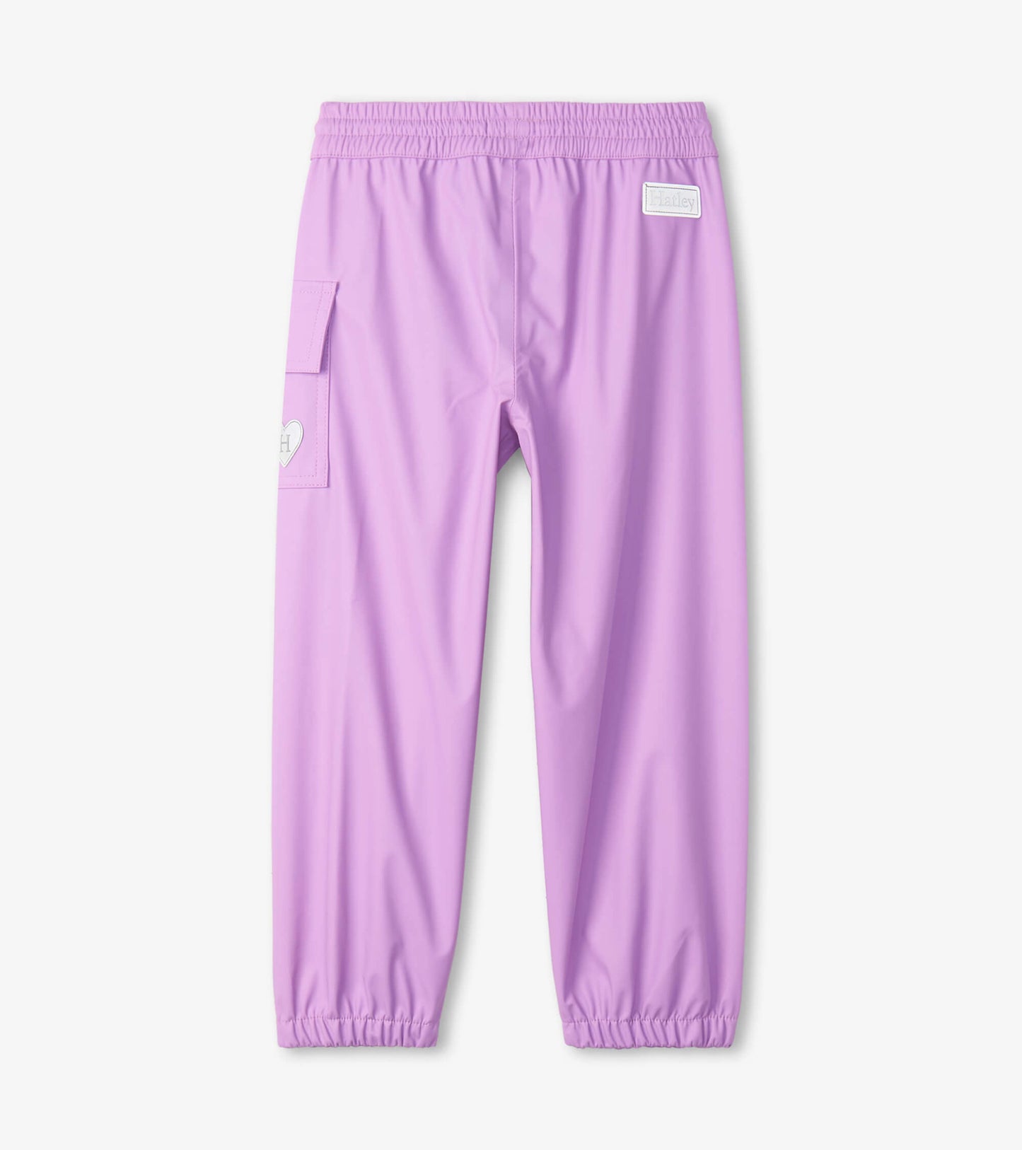 Lilac waterproof kids' rain pants with elastic waistband and side pocket.