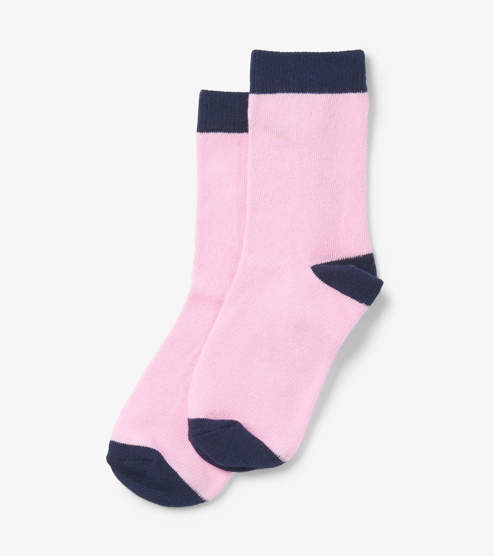 Pink crew socks with navy accents, featuring a soft knit material and a classic design suitable for kids.