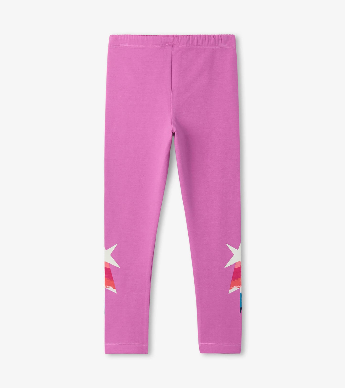 Pink leggings featuring colorful star graphics on the lower legs, designed for kids.