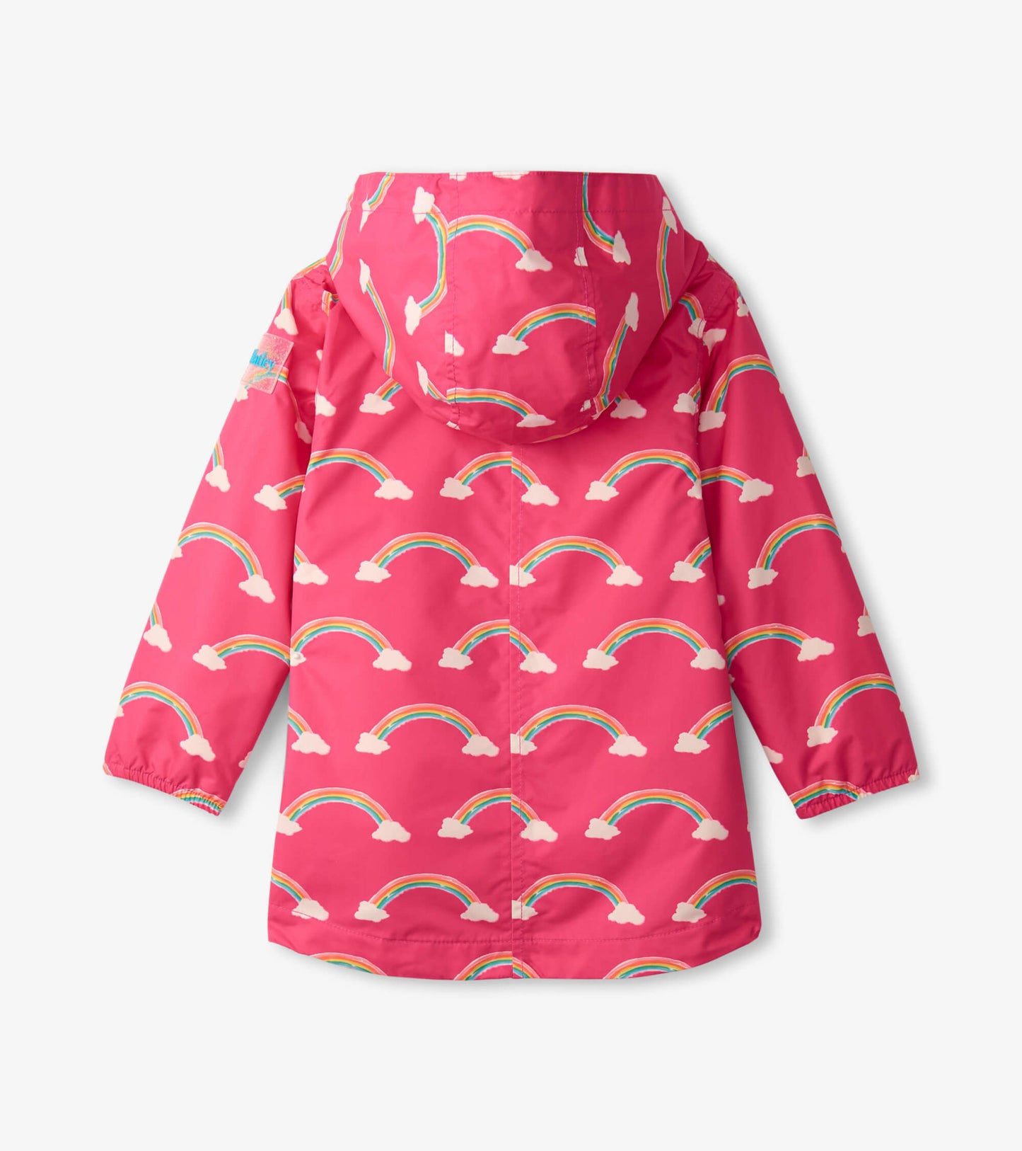 Lightweight pink rain jacket featuring a colorful rainbow and cloud pattern, with a hood and elastic cuffs.