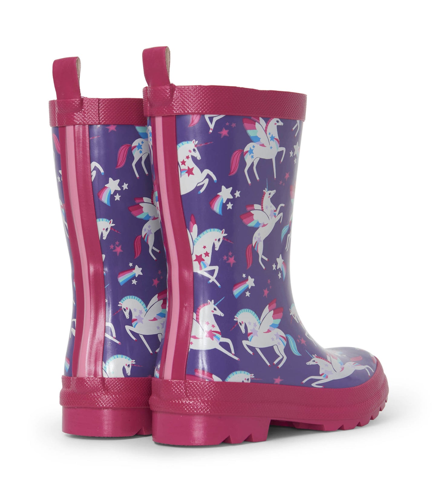 Purple rain boots featuring a unicorn and star pattern, with pink accents and a textured sole for grip.