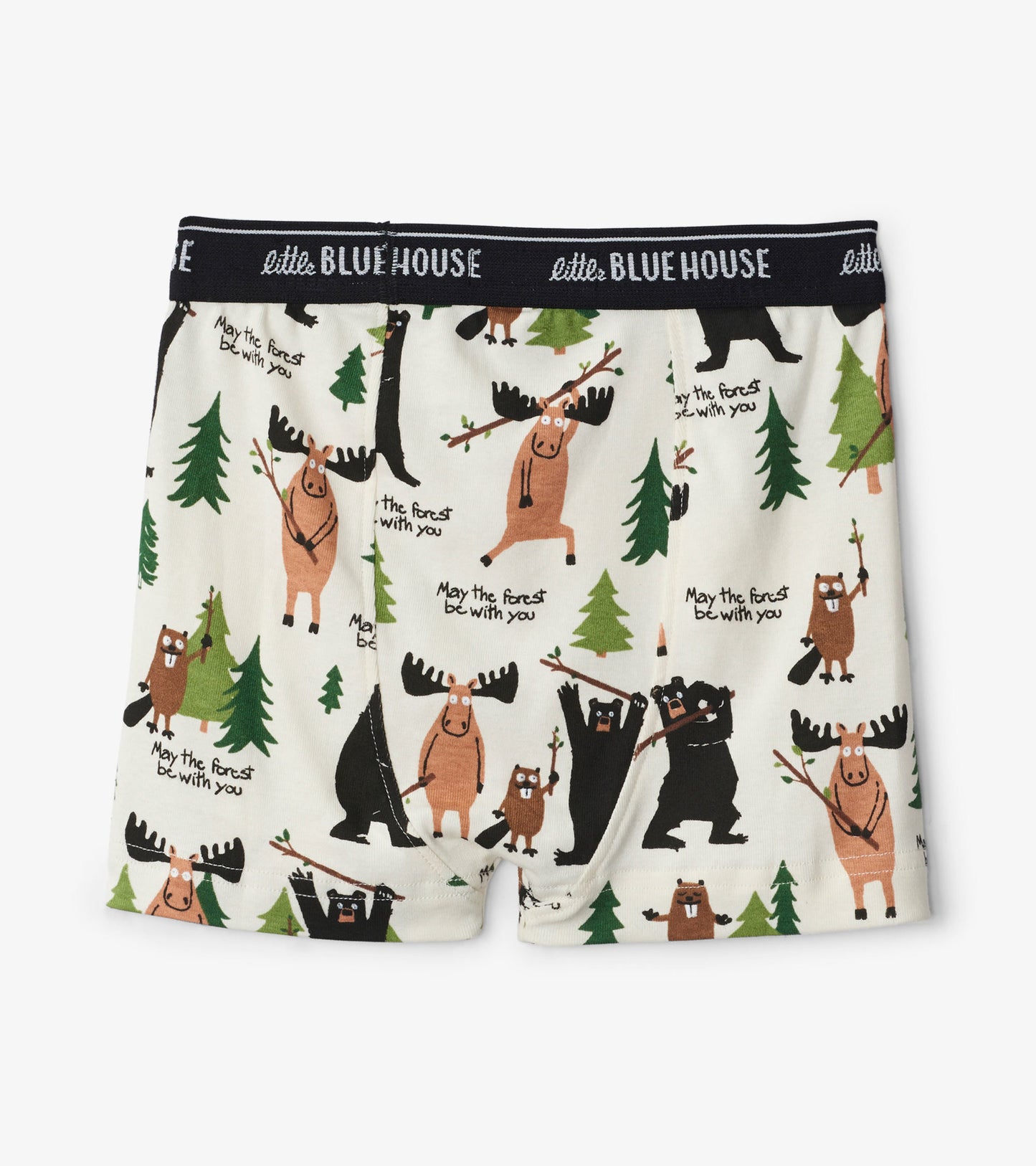 Boys' boxer briefs featuring a playful forest animal print on a cream background with a black waistband.