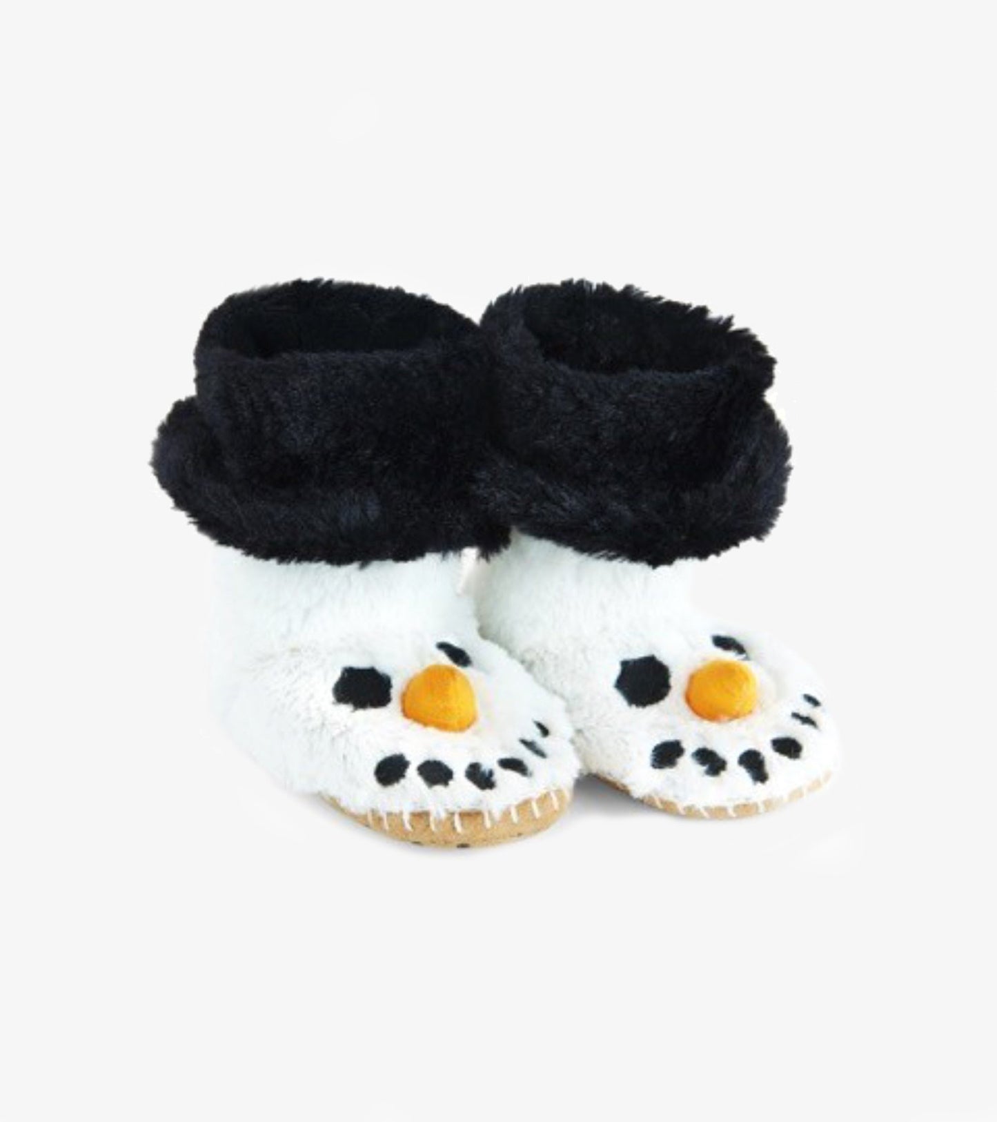 White fuzzy slippers shaped like a snowman, featuring a black cuff, orange carrot nose, and black button details.