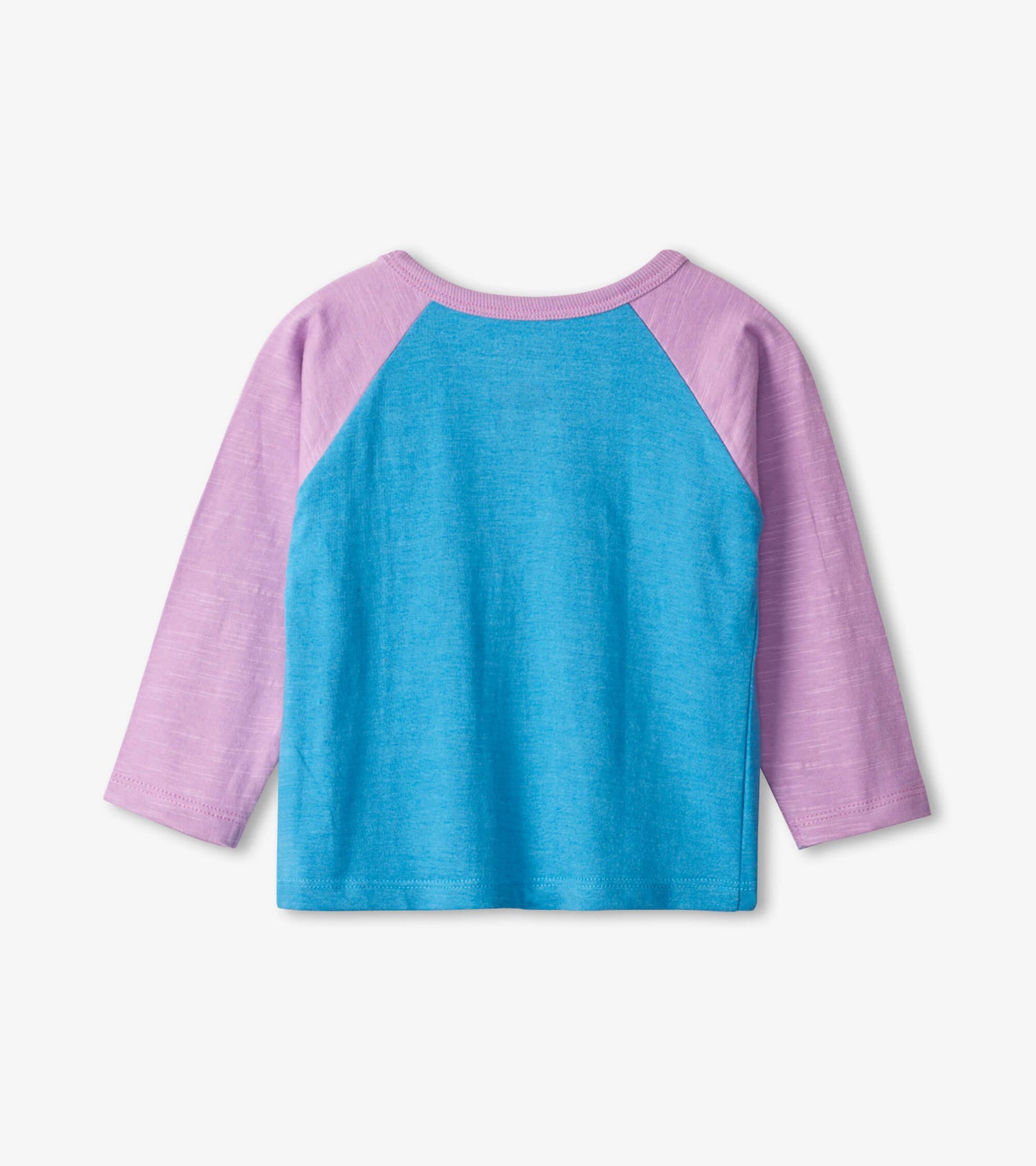 Raglan baby tee featuring a blue body and light purple sleeves, made from soft fabric, shown from the back.