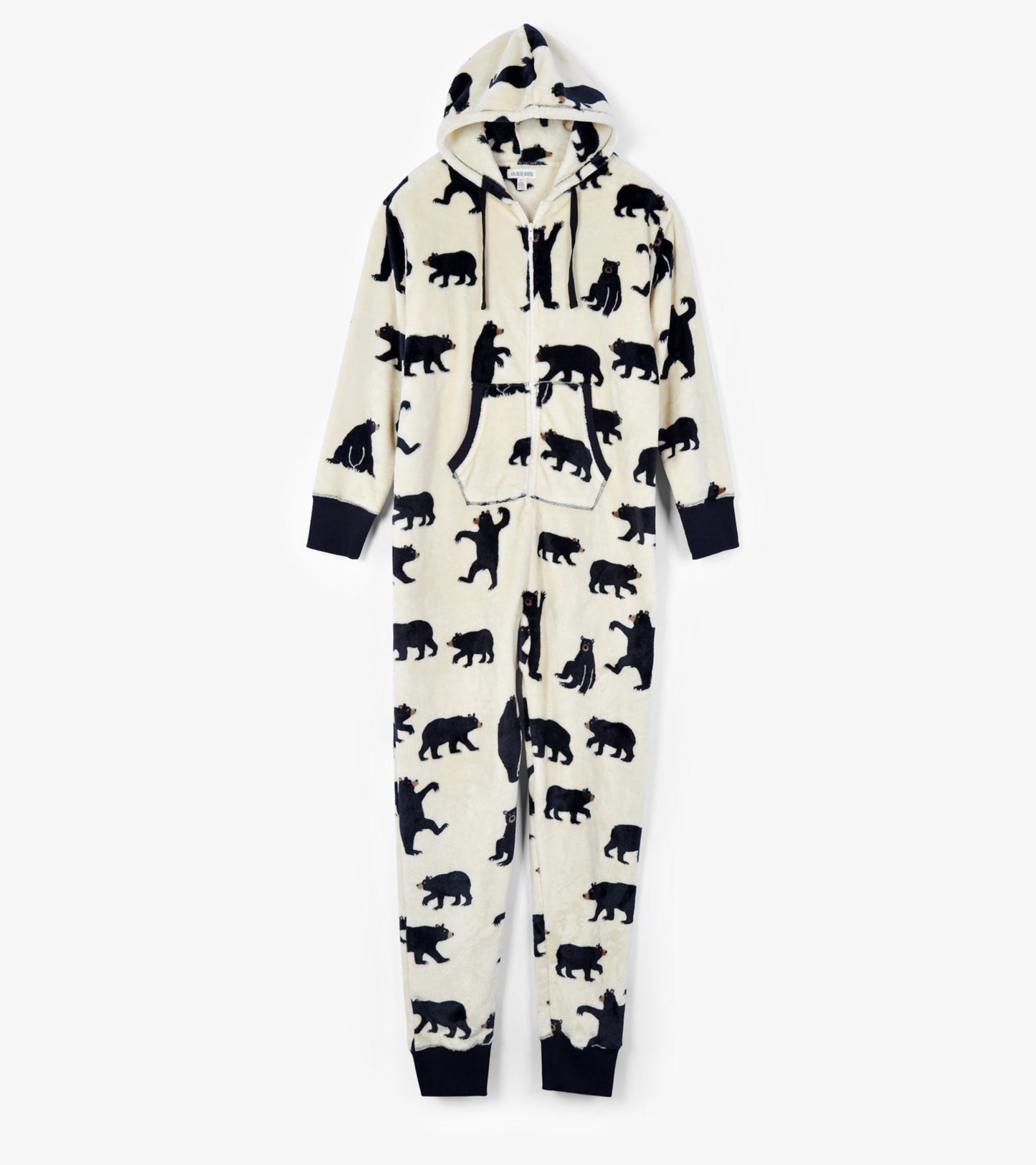 Hooded fleece jumpsuit in cream with black bear patterns, featuring a front pocket and ribbed cuffs.
