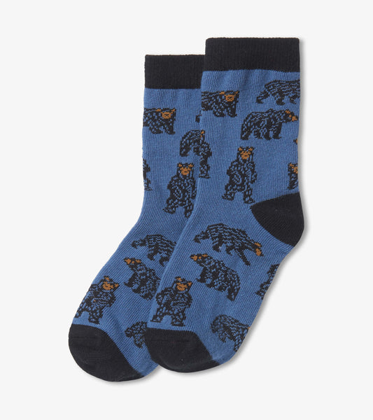 Blue crew socks featuring a playful bear pattern with black accents, suitable for kids aged 2-7.