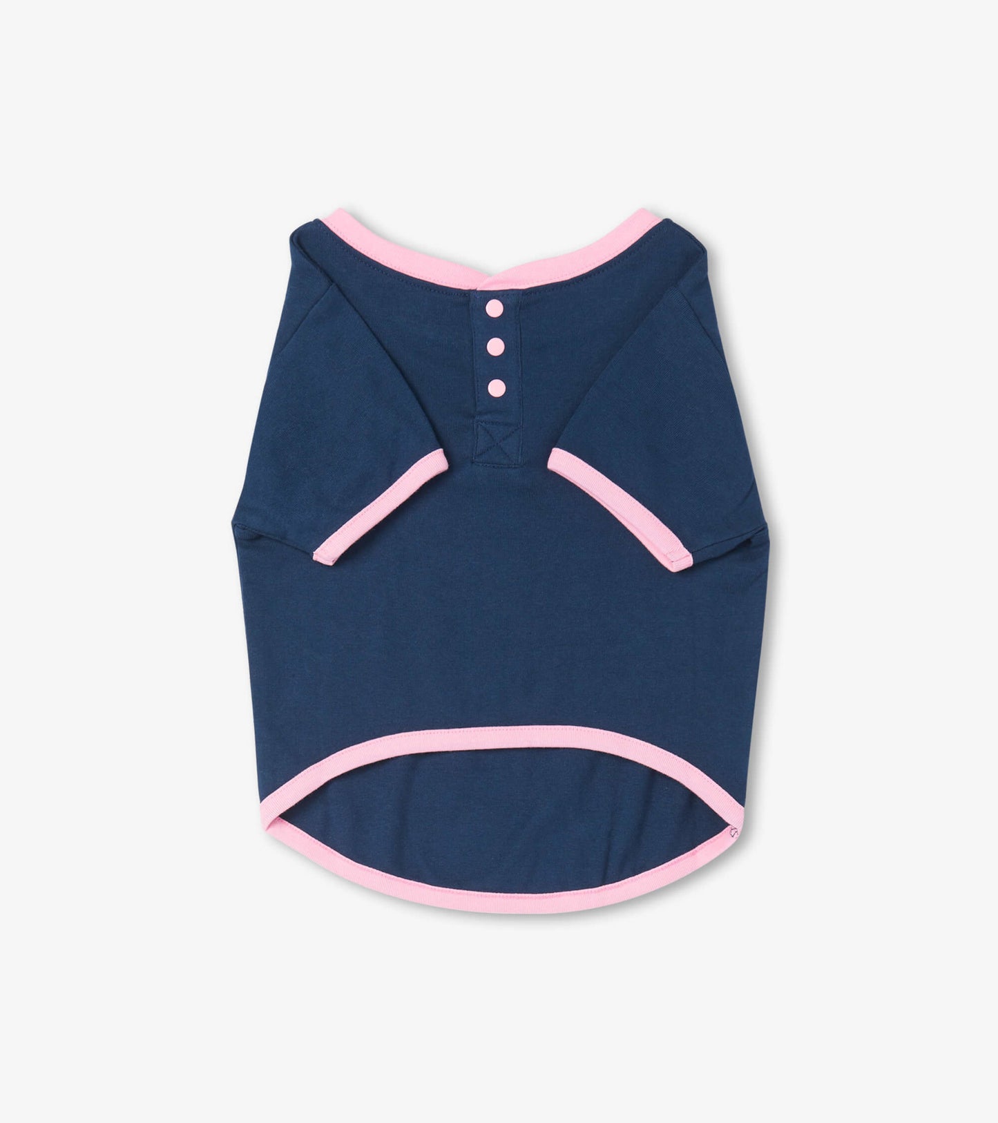 Navy blue dog tee with pink trim and button detail, designed for comfort and style.